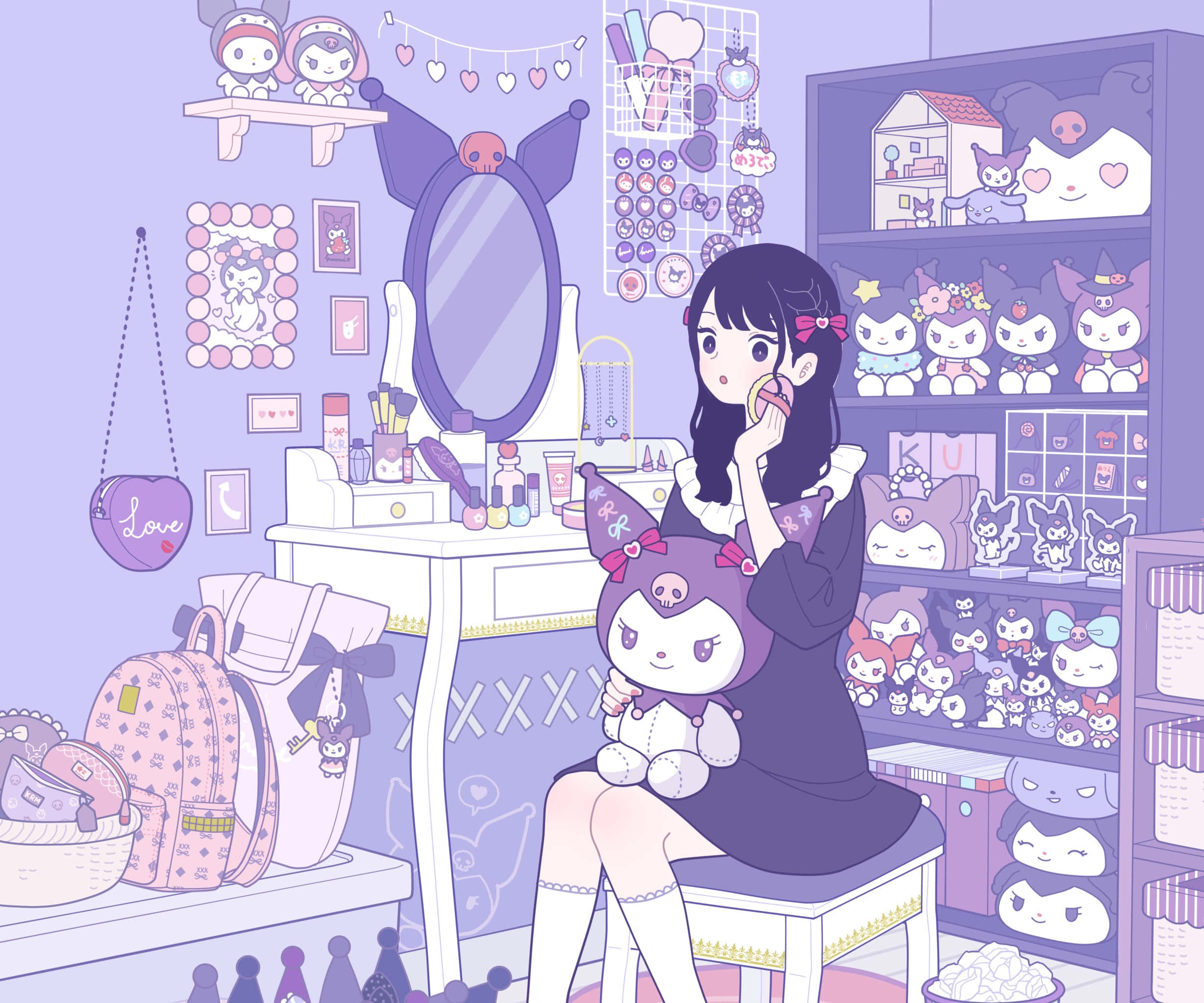Kuromi Fanart 桌布 壁紙 — 一個女孩在充滿Kuromi絨毛娃娃和化妝品的紫色房間裡，一邊化妝一邊抱著Kuromi娃娃。