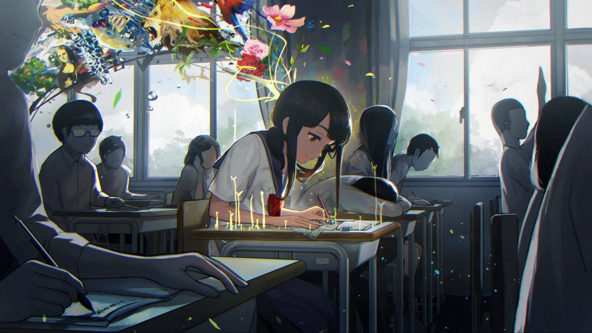 學校 桌布 壁紙 — 一個女孩在教室寫字，奇幻生物和花朵從她的書桌爆出，形成超現實的動畫場景。