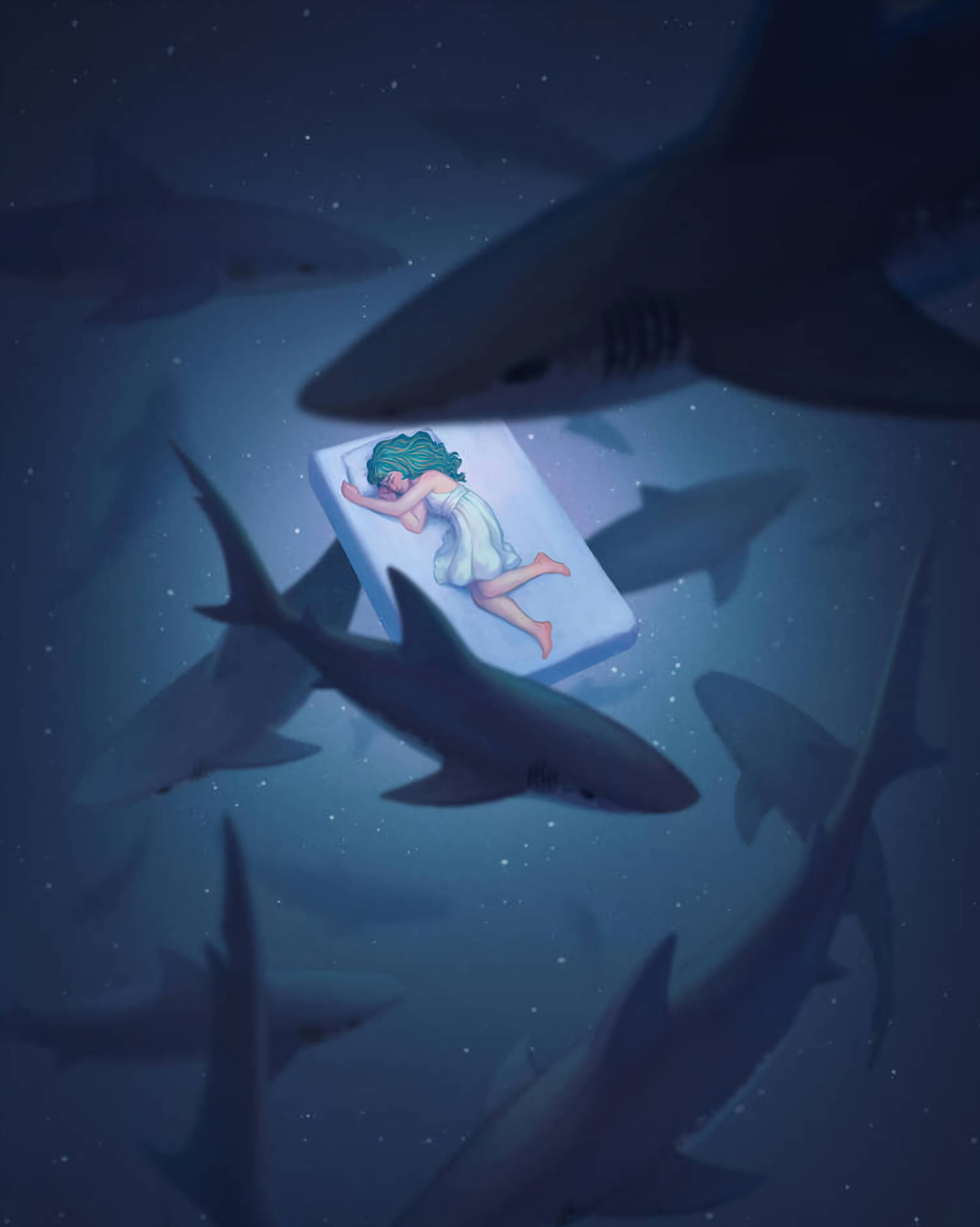 水下動畫 桌布 壁紙 — 一個女孩在星空的海洋中，被鯊魚包圍，平靜地睡在漂浮的床墊上。