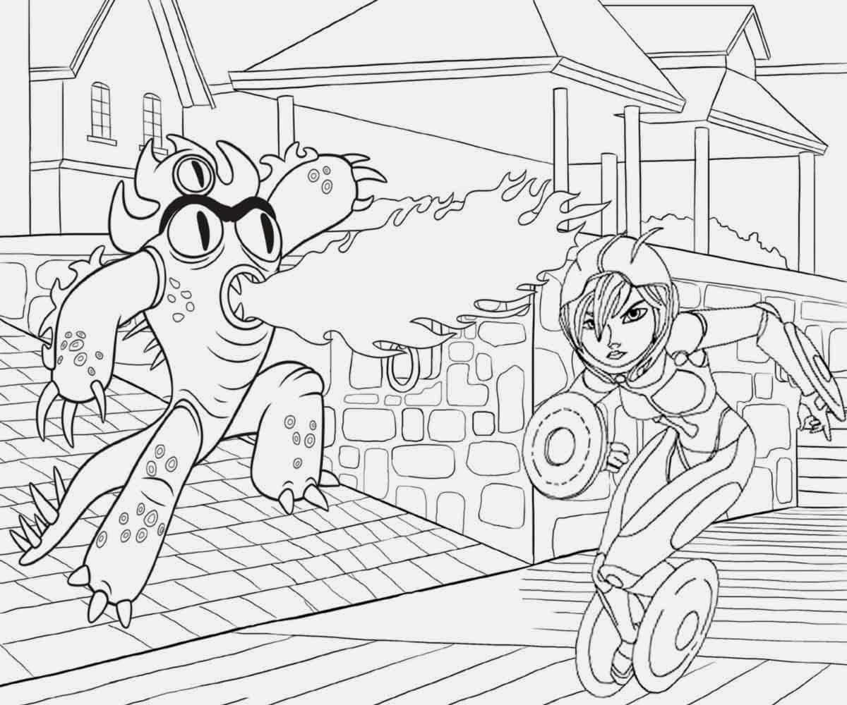 Cartoon Colouring 桌布 壁紙 — 一個女孩在滑板車上躲避噴火怪獸的郊區街道填色場景。
