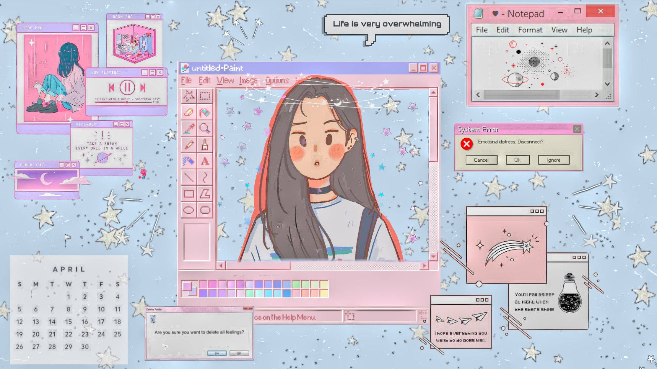 Kawaii Pink Aesthetic Desktop 桌布 壁紙 — 一個女孩在粉紅色主題的Windows介面中的數位插圖，帶有浮動的錯誤訊息和星空背景。