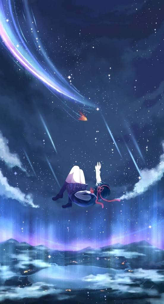 動漫 桌布 壁紙 — 一個女孩在繁星點點的夜空中向上飄浮，伸出雙臂追逐一顆發光的彗星。