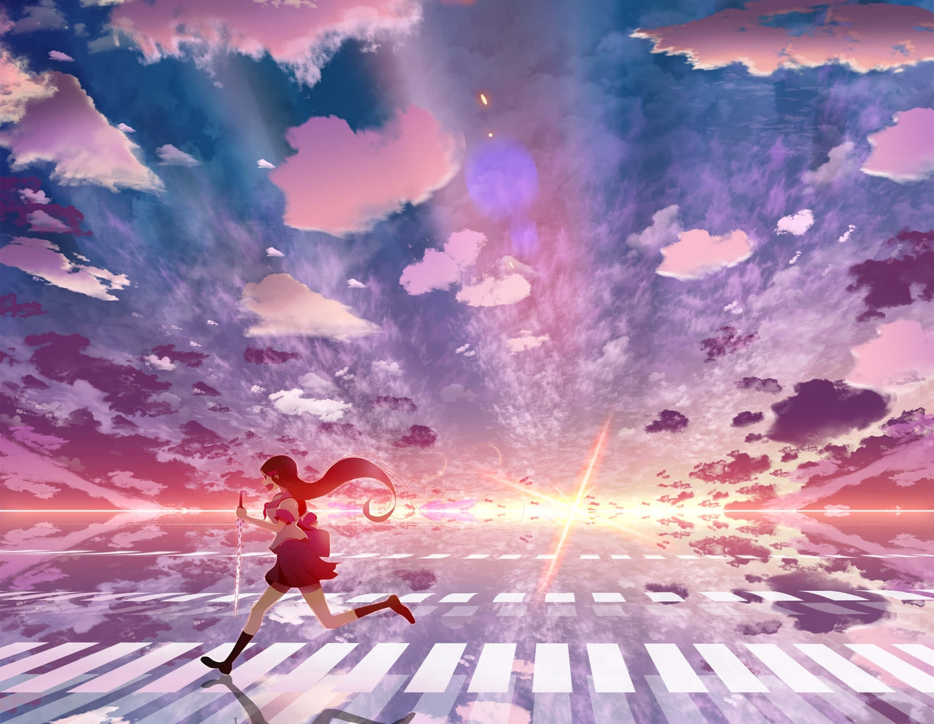 Anime Sky 桌布 壁紙 — 一個女孩在超現實的天空下跑過發光的人行橫道，天空中有粉紅色、紫色和藍色的雲彩以及燦爛的陽光。