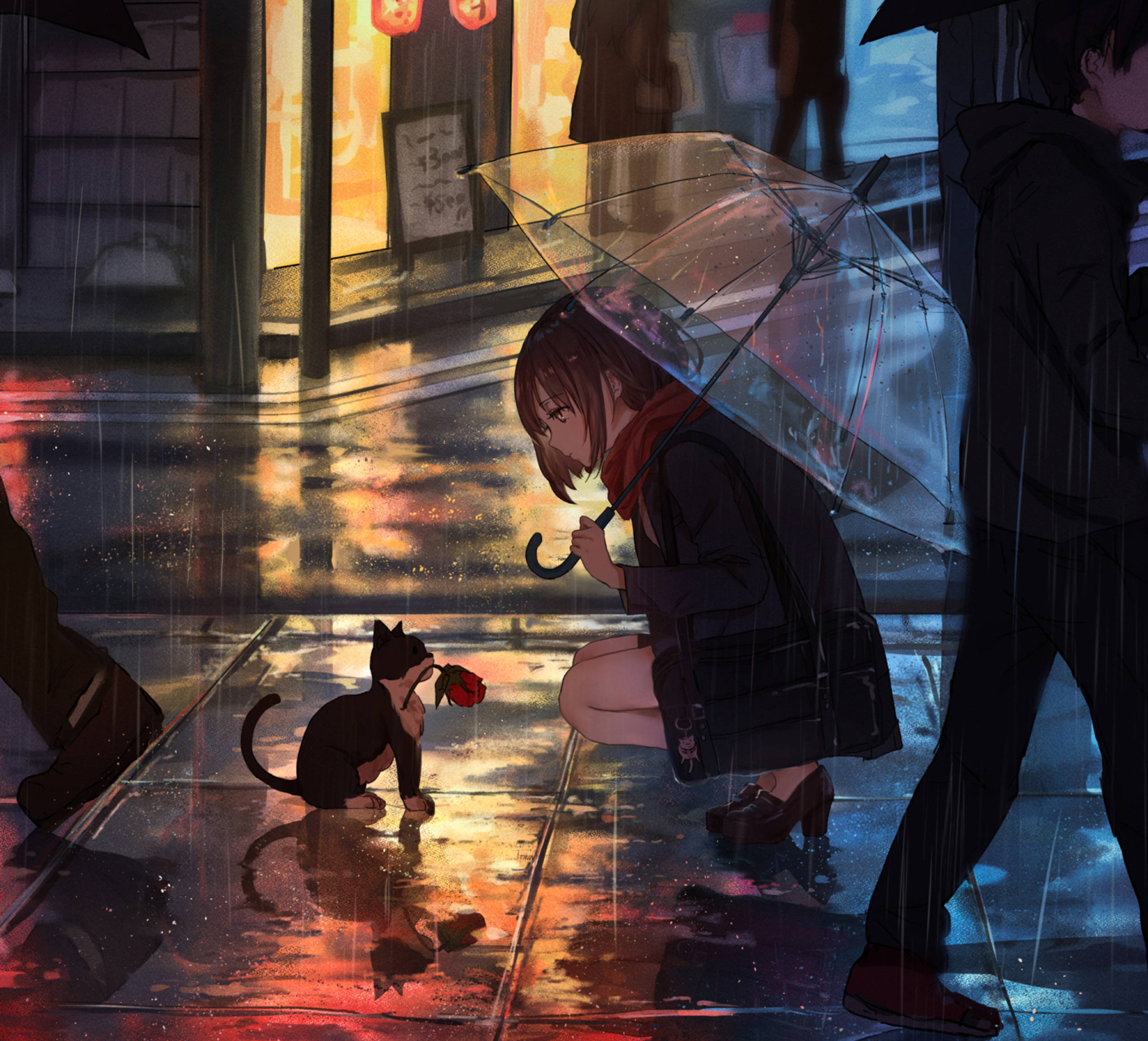 動漫女孩 桌布 壁紙 — 一個女孩在雨中跪著撐傘，一隻拿著玫瑰的貓坐在她旁邊，濕漉漉的街道閃爍著霓虹燈的倒影。