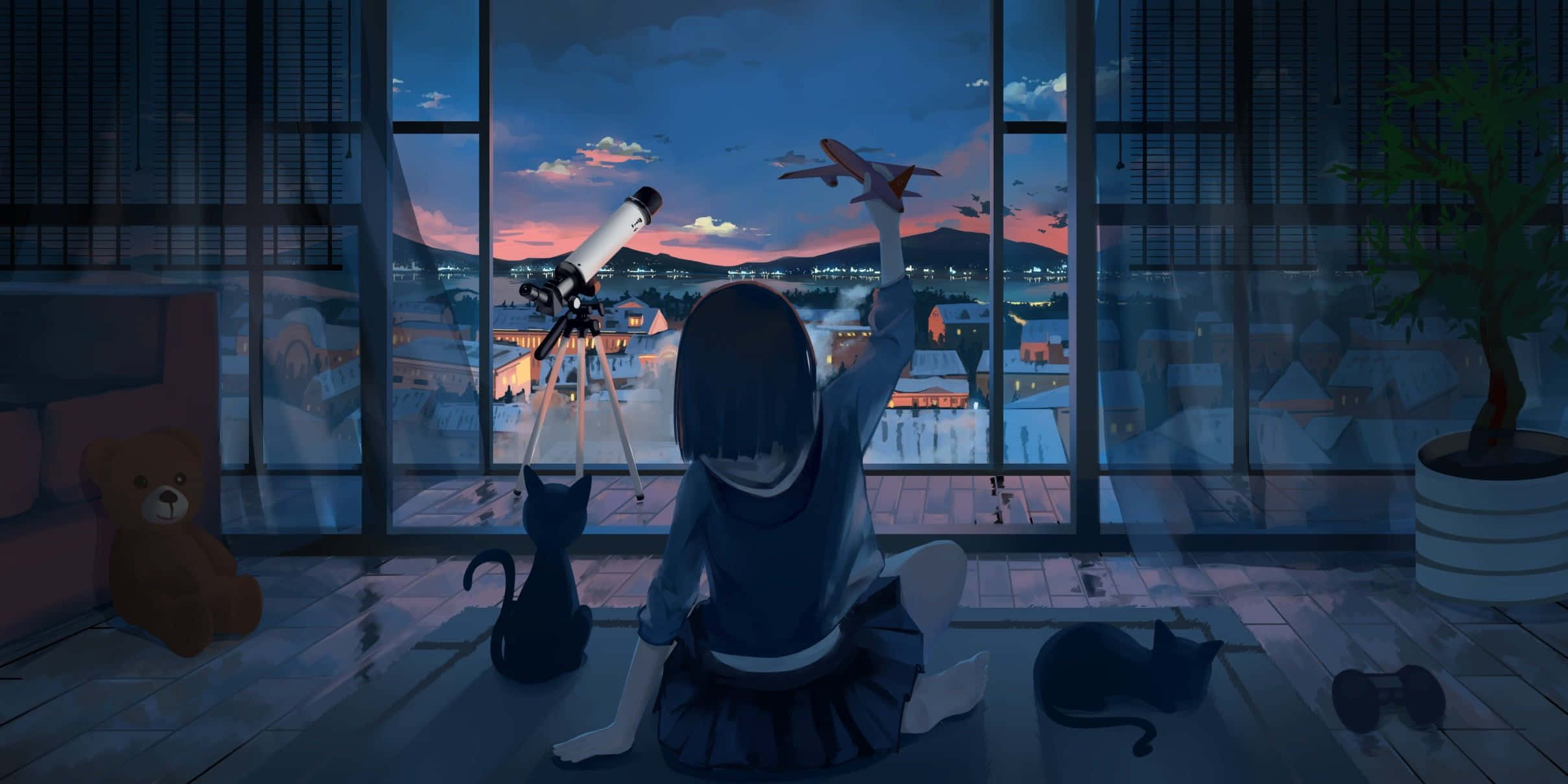 Cute Aesthetic Anime Desktop 桌布 壁紙 — 一個女孩在黃昏時坐在大窗戶旁的地板上，拿著玩具飛機，而望遠鏡指向城市景觀上方的天空。