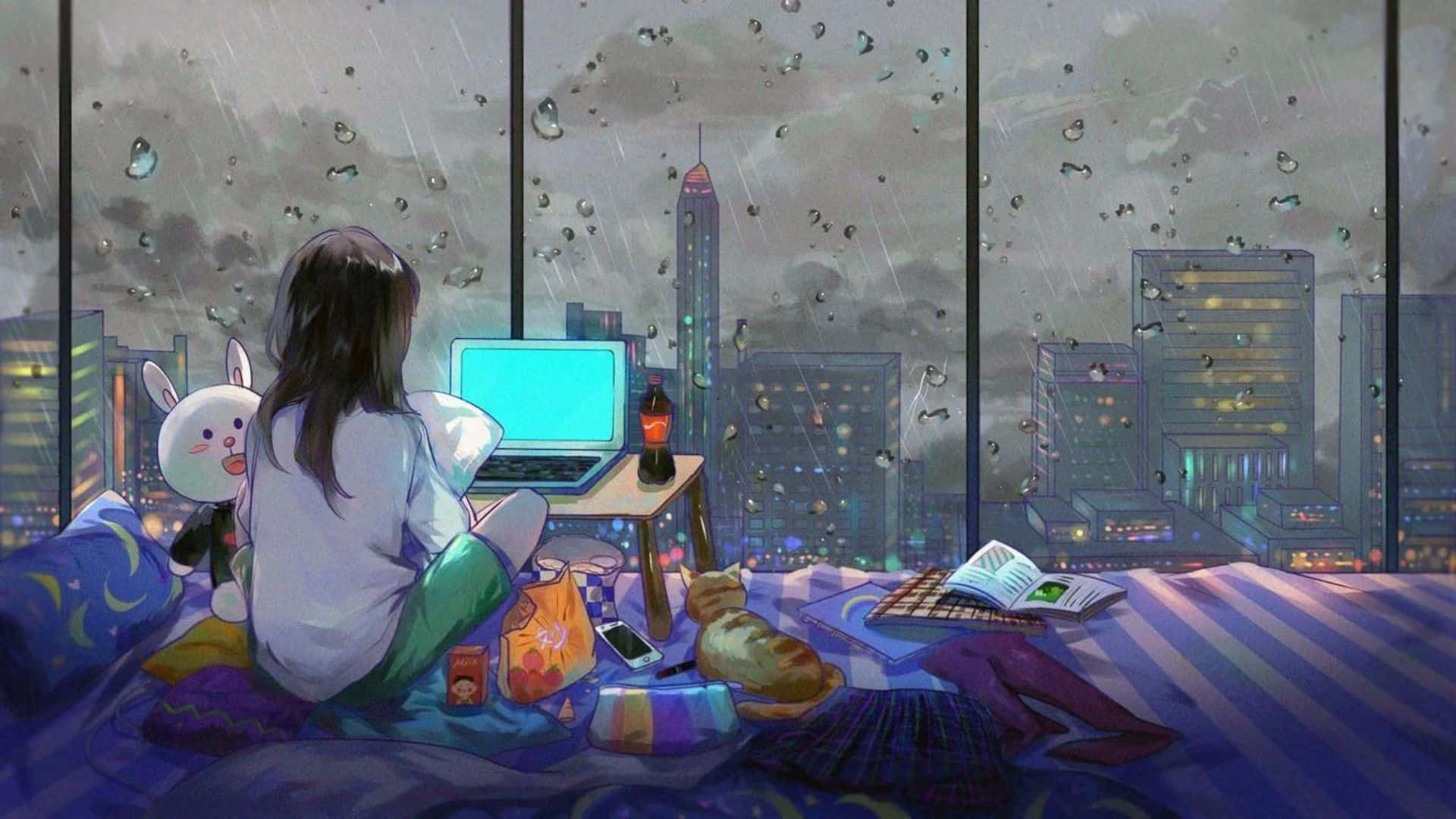 Aesthetic Anime Bedroom 桌布 壁紙 — 一個女孩坐在床上，周圍有零食和筆記型電腦，凝視著雨痕斑斑的窗戶外閃爍的城市夜景。
