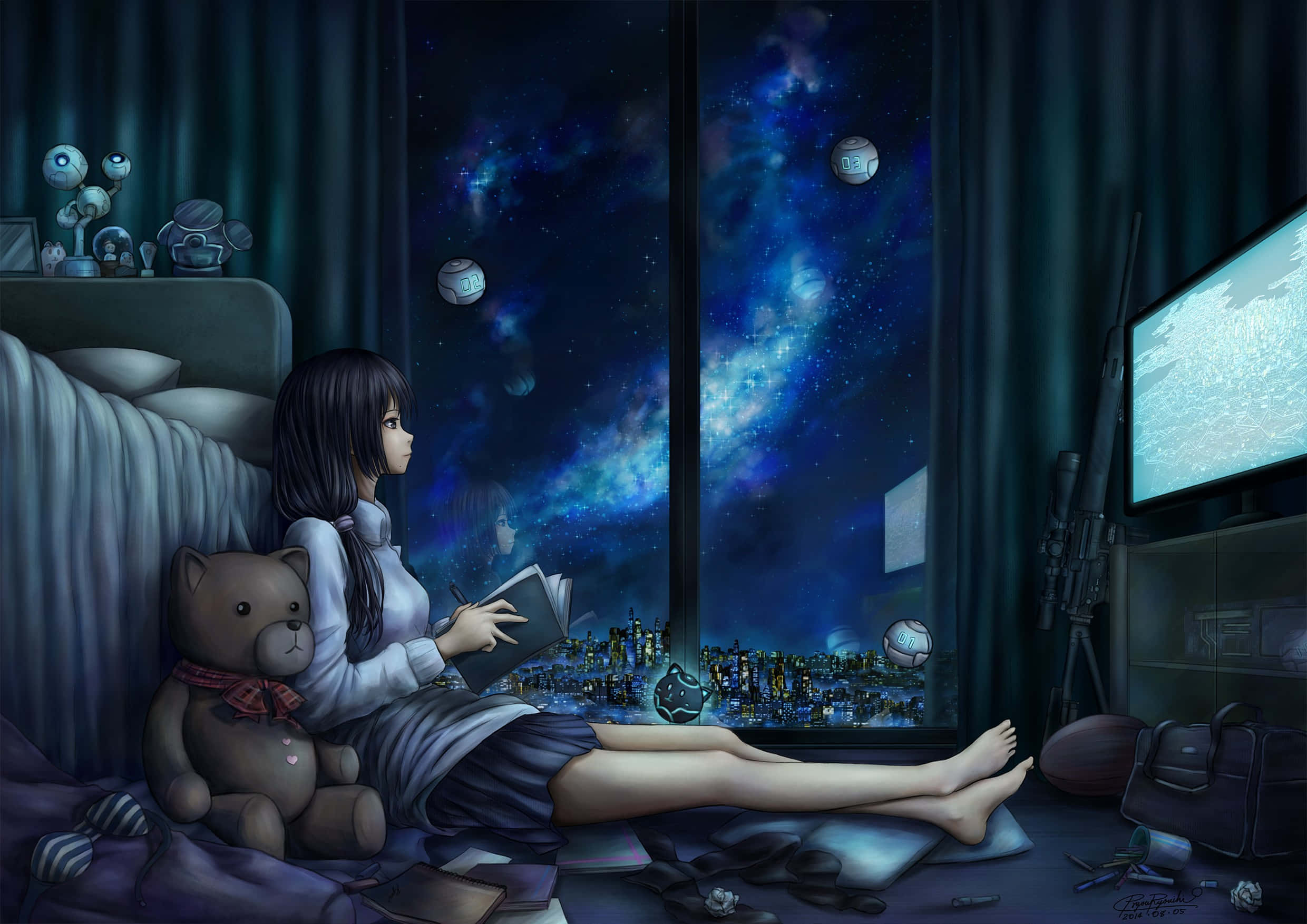 Reading 桌布 壁紙 — 一個女孩坐在床上，抱著一隻泰迪熊，在窗外可見的星空下閱讀。