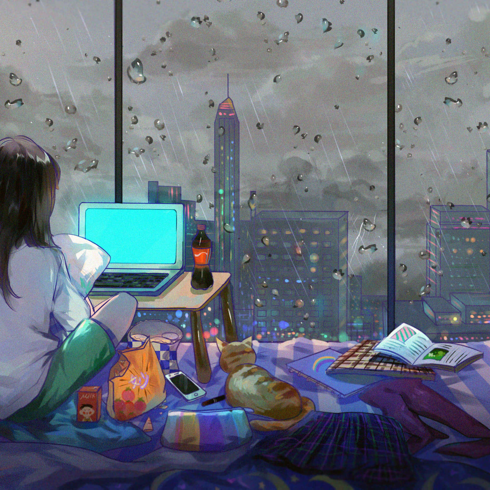 Aesthetic Room 桌布 壁紙 — 一個女孩坐在床上，旁邊有一隻貓，凝視著窗外雨絲紛飛的霓虹燈城市夜景。