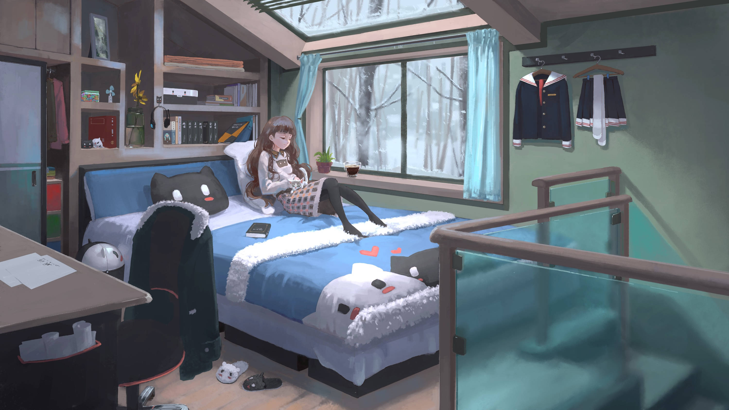 Bedroom 桌布 壁紙 — 一個女孩坐在舒適閣樓房間的床上，窗外有雪，附近有毛絨玩具。