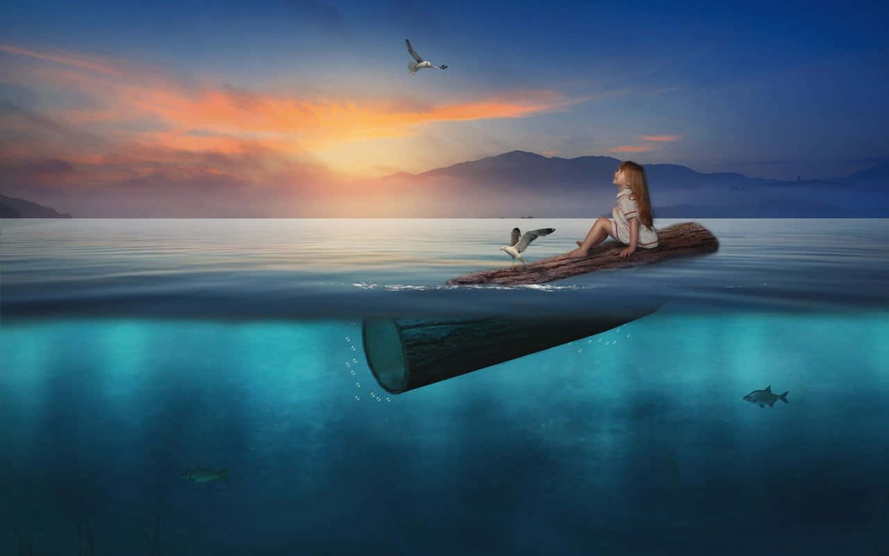 Log 桌布 壁紙 — 一個女孩平靜地坐在漂浮在平靜水面上的木頭上，海鷗翱翔，魚兒在暮色天空下游動。