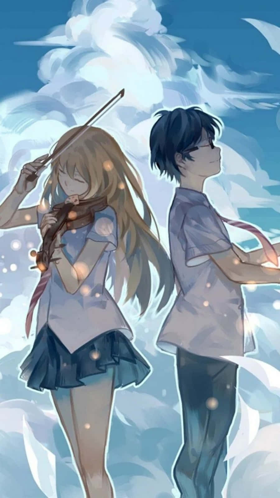 動漫 桌布 壁紙 — 一個女孩拉小提琴，一個男孩在夢幻般的藍天中聆聽，天空充滿柔軟的雲朵和發光的粒子。