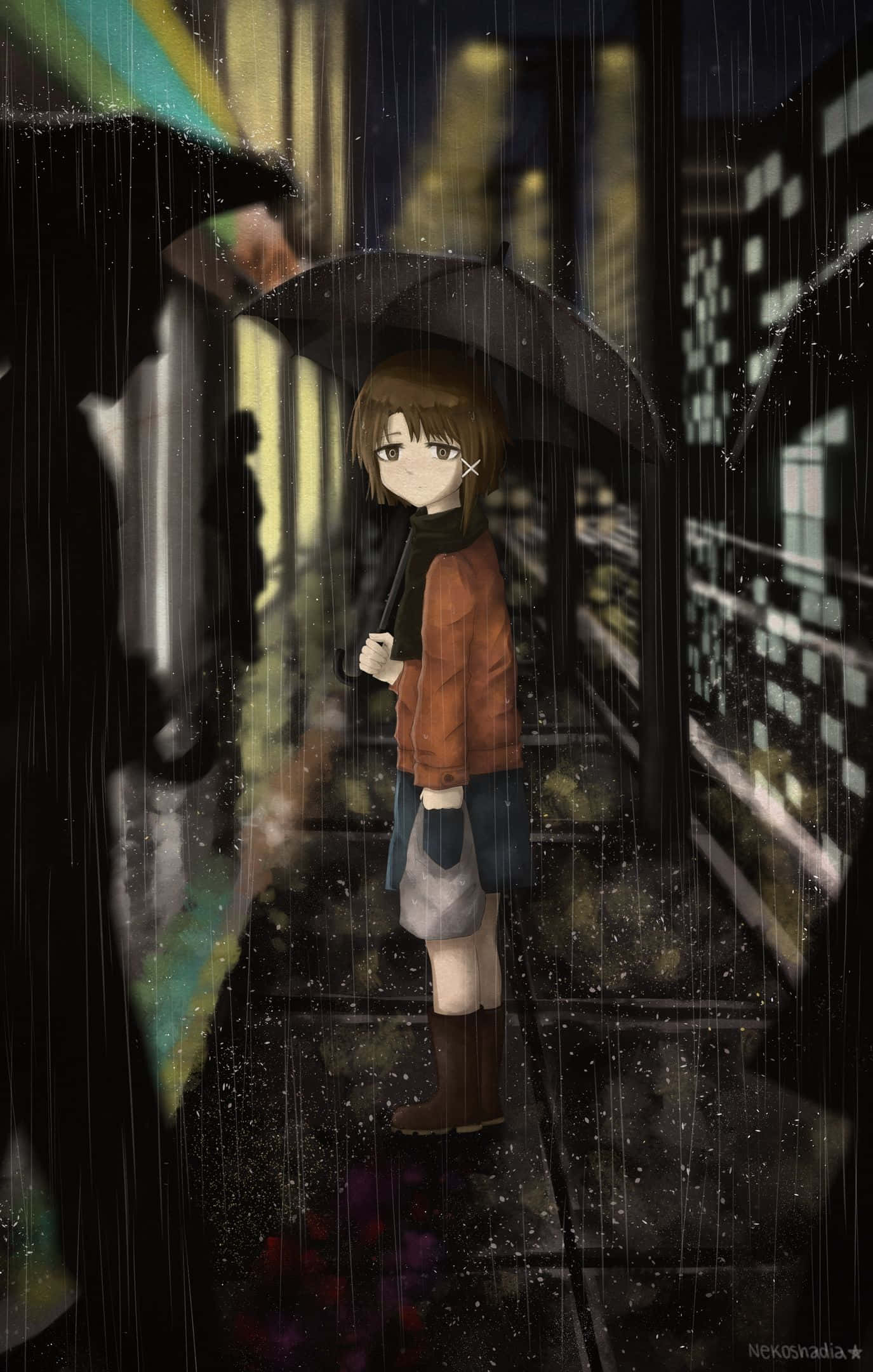 一個女孩拿著傘站在雨中 壁紙