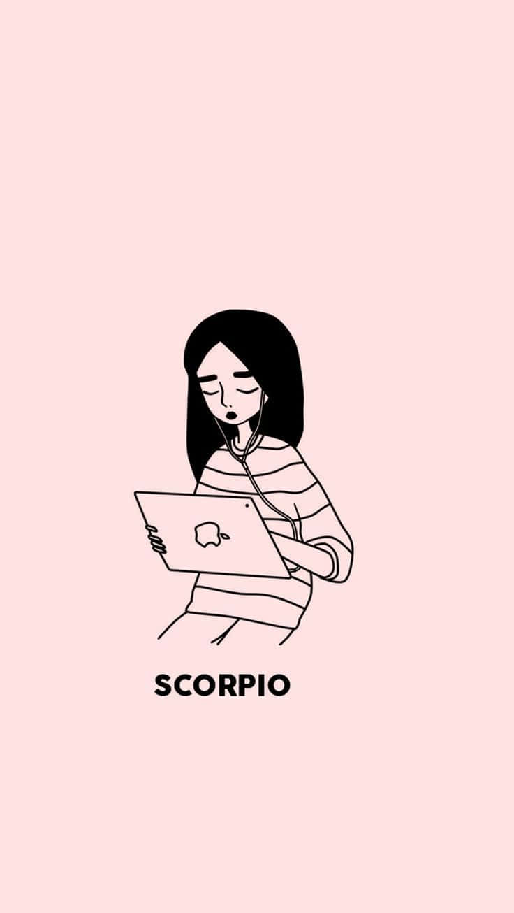Scorpio 桌布 壁紙 — 一個女孩用聽診器聽她的筆記型電腦的極簡線條藝術插圖，背景是柔和的粉紅色。