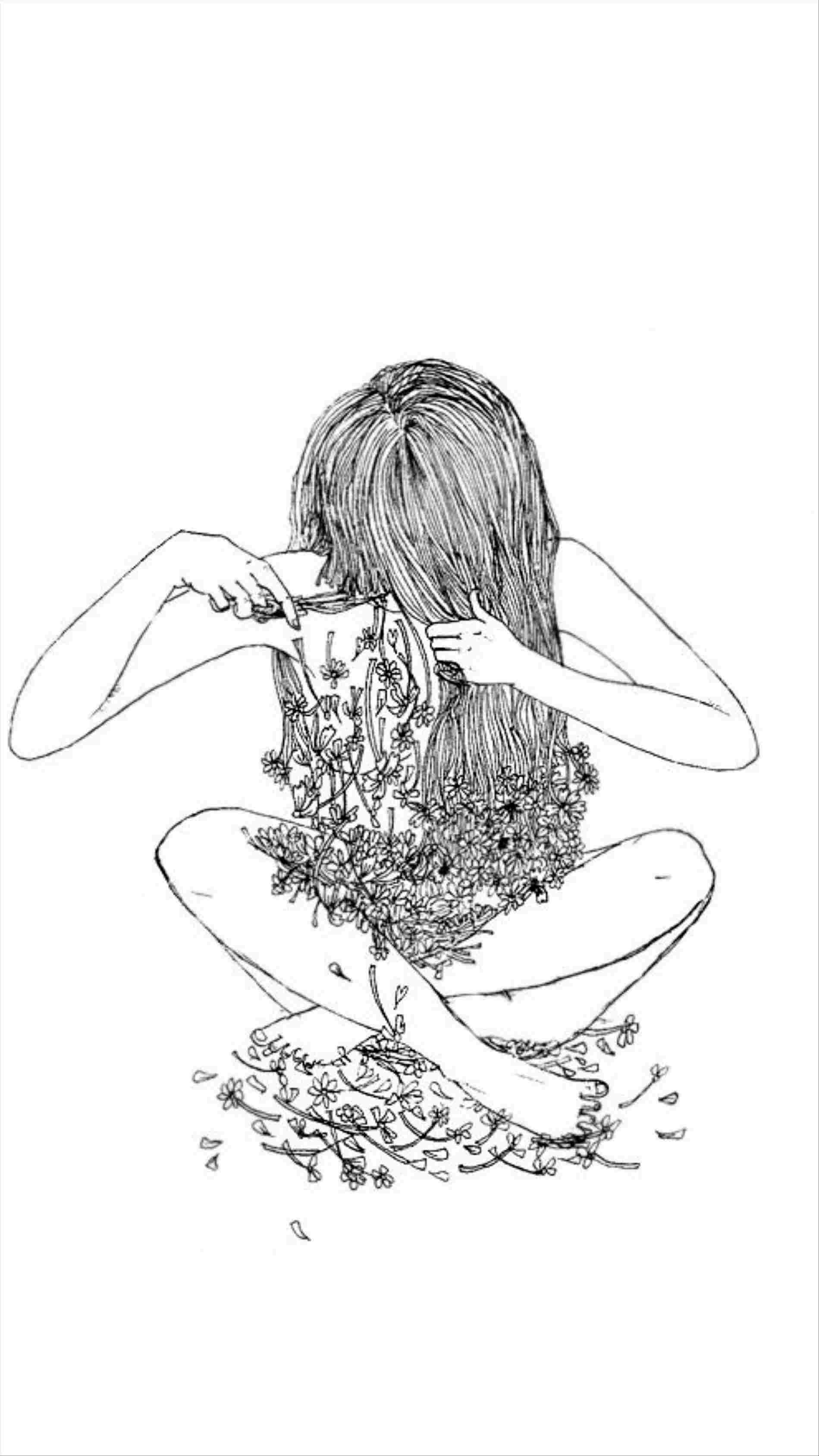 Aesthetic Drawings 桌布 壁紙 — 一個女孩盤腿而坐，長髮遮住她的臉，花朵從她的背上綻放並散落在她周圍。