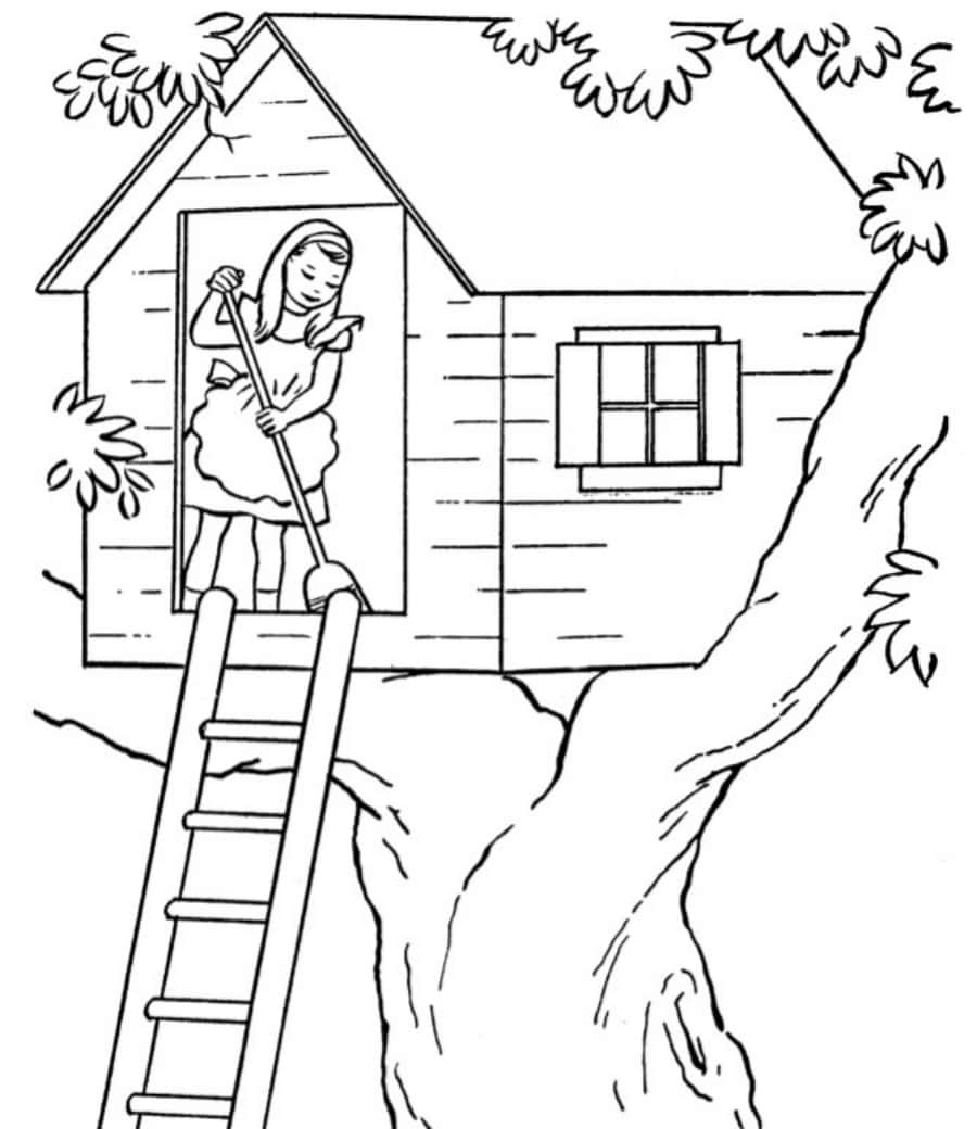 House Colouring 桌布 壁紙 — 一個女孩站在樹屋門口，拿著掃帚，梯子靠在樹上。