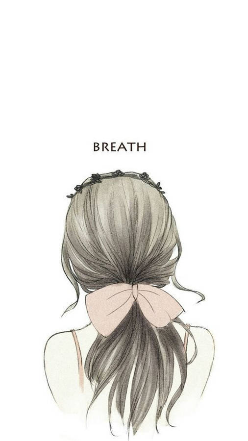 Aesthetic Drawings 桌布 壁紙 — 一個女孩背部的柔和鉛筆素描，馬尾辮上繫著粉紅色蝴蝶結，戴著花卉頭帶。