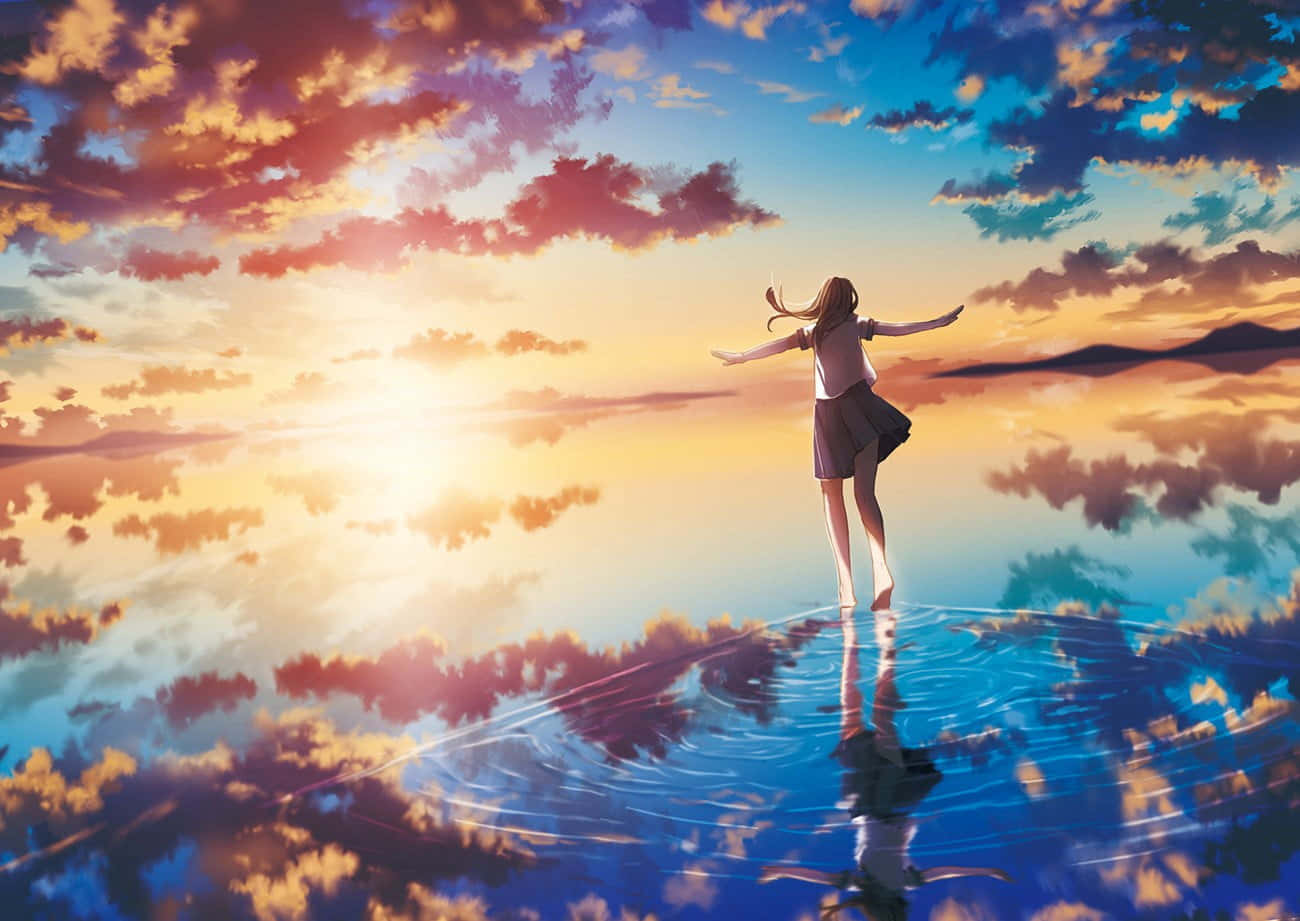 Anime Sunset 桌布 壁紙 — 一個女孩赤腳站在日落時分如鏡的湖面上，雙臂伸展，雲彩倒映在水中。