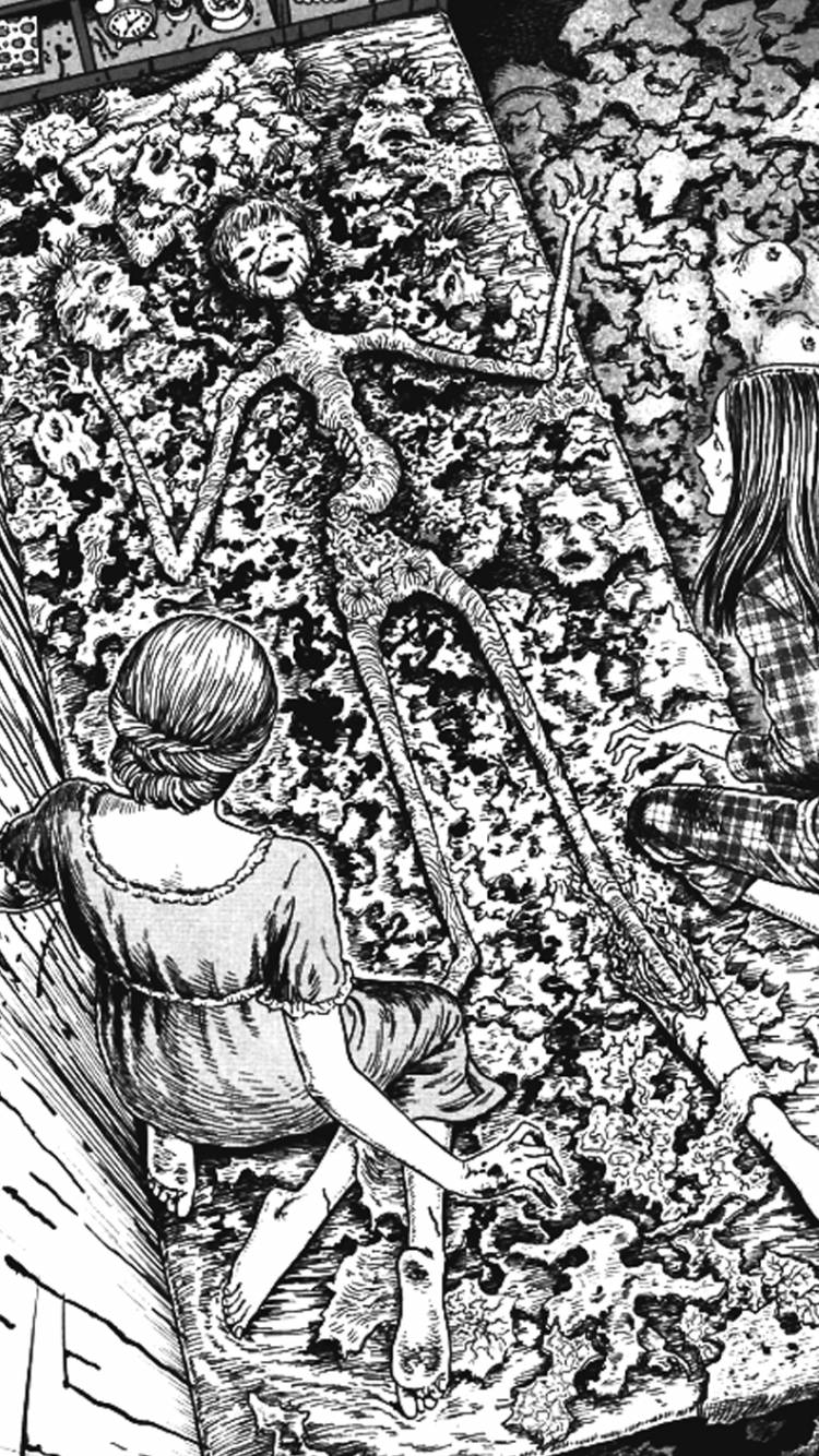 詭異的GIF 桌布 壁紙 — 一個女孩跪在一個從滿是尖叫面孔的牆壁中出現的怪誕骷髏形象前，鮮明的黑白風格。