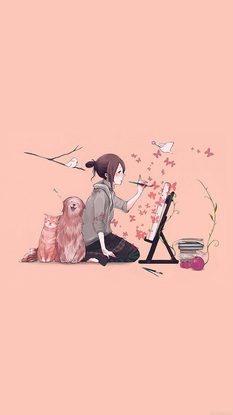 卡通狗 桌布 壁紙 — 一個女孩跪在畫架上畫畫，粉紅色的蝴蝶在她周圍飛舞，附近有兩隻毛茸茸的寵物和鳥兒。