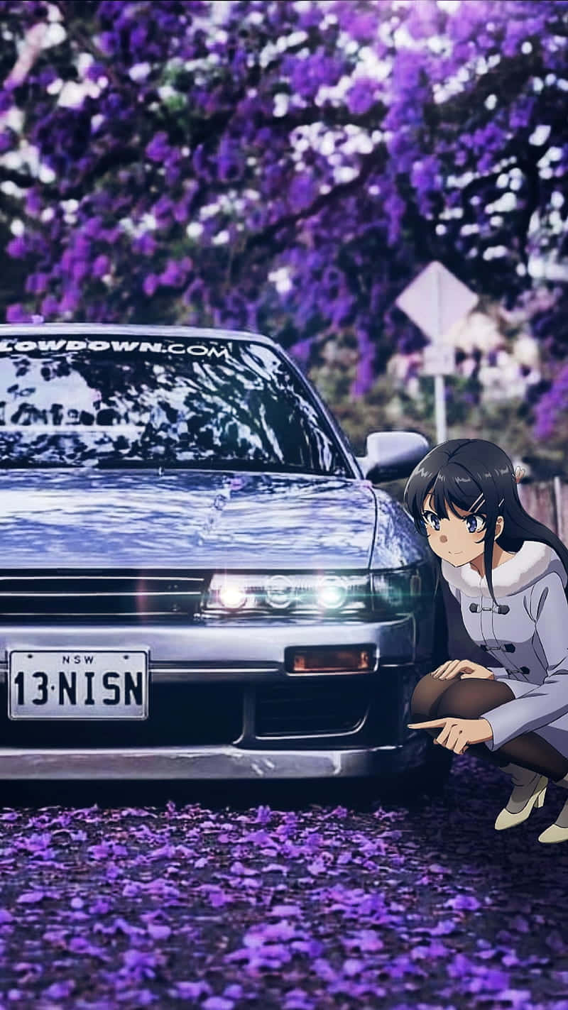 動漫女孩 桌布 壁紙 — 一個女孩蹲在一輛銀色跑車旁邊，上方是紫色花朵組成的華蓋，地上散落著花瓣。