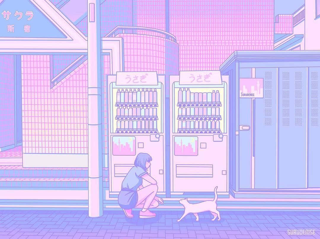 Pastel Pink Aesthetic Anime 桌布 壁紙 — 一個女孩蹲在一隻貓旁邊，靠近發光的粉紅色和藍色自動販賣機，在一個風格化的城市小巷中。