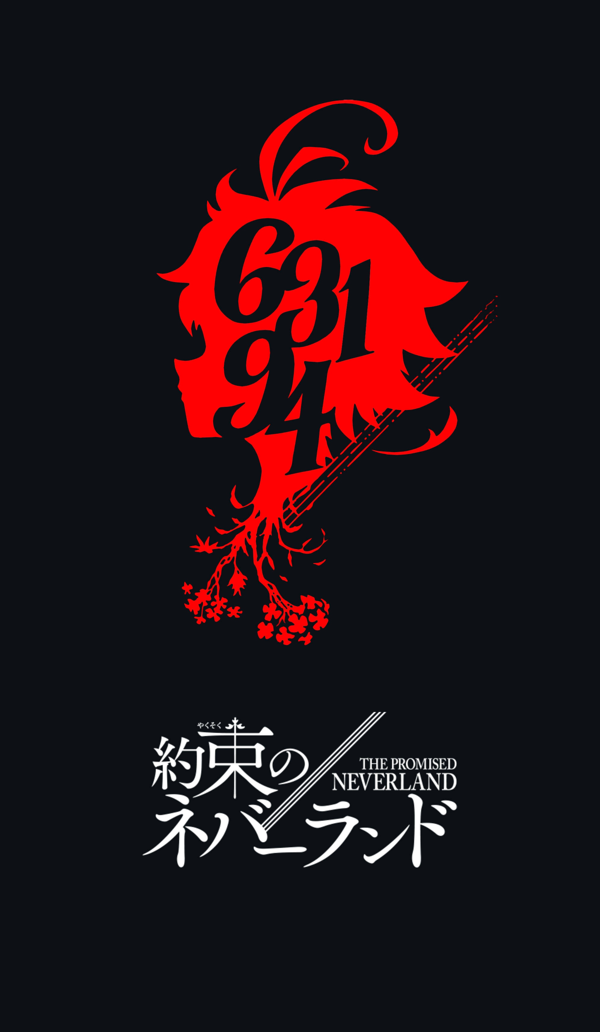 The Promised Neverland 桌布 壁紙 — 一個女孩頭部的醒目紅色剪影，帶有數字和楓葉，背景為黑色。