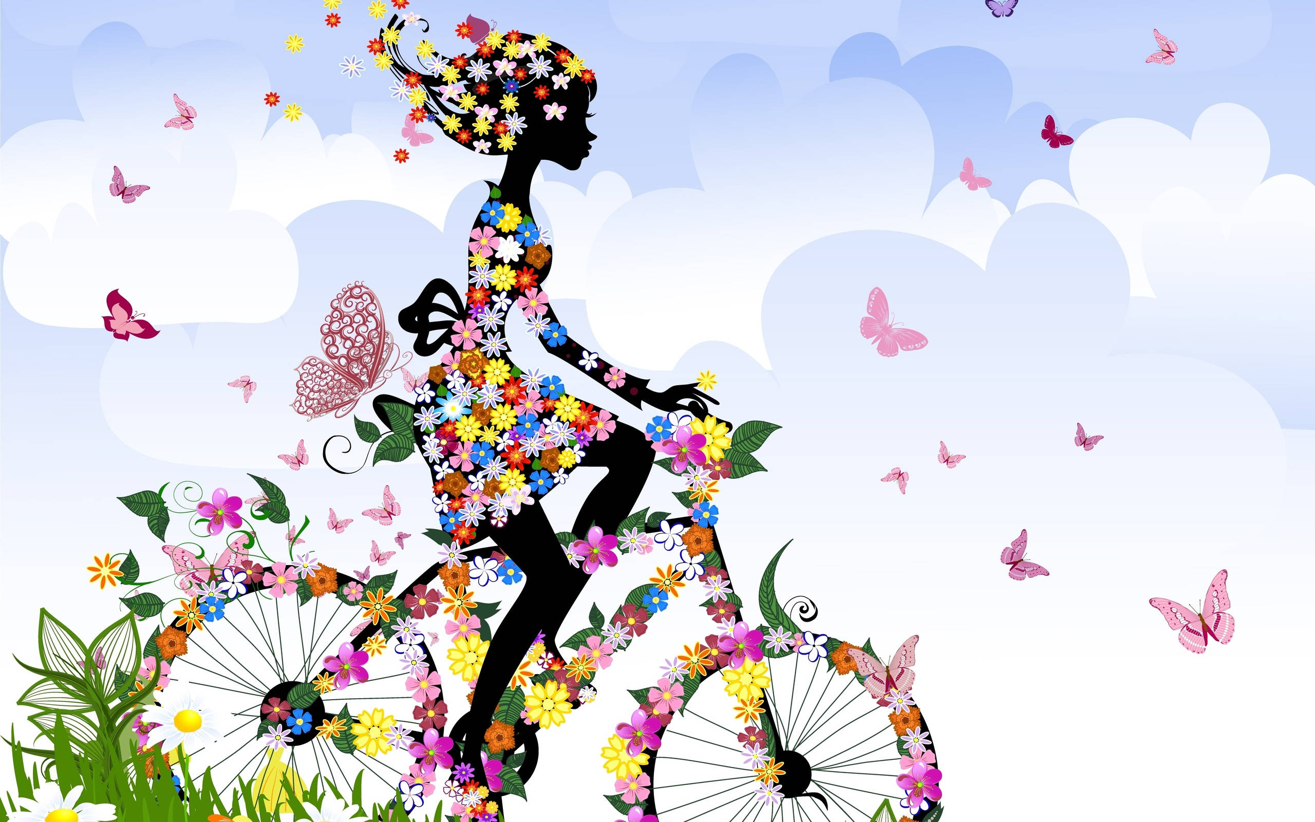 Butterflies 桌布 壁紙 — 一個女孩騎著腳踏車的剪影，腳踏車上裝飾著鮮豔的花朵和蝴蝶，背景是柔和的藍天和蓬鬆的白雲。