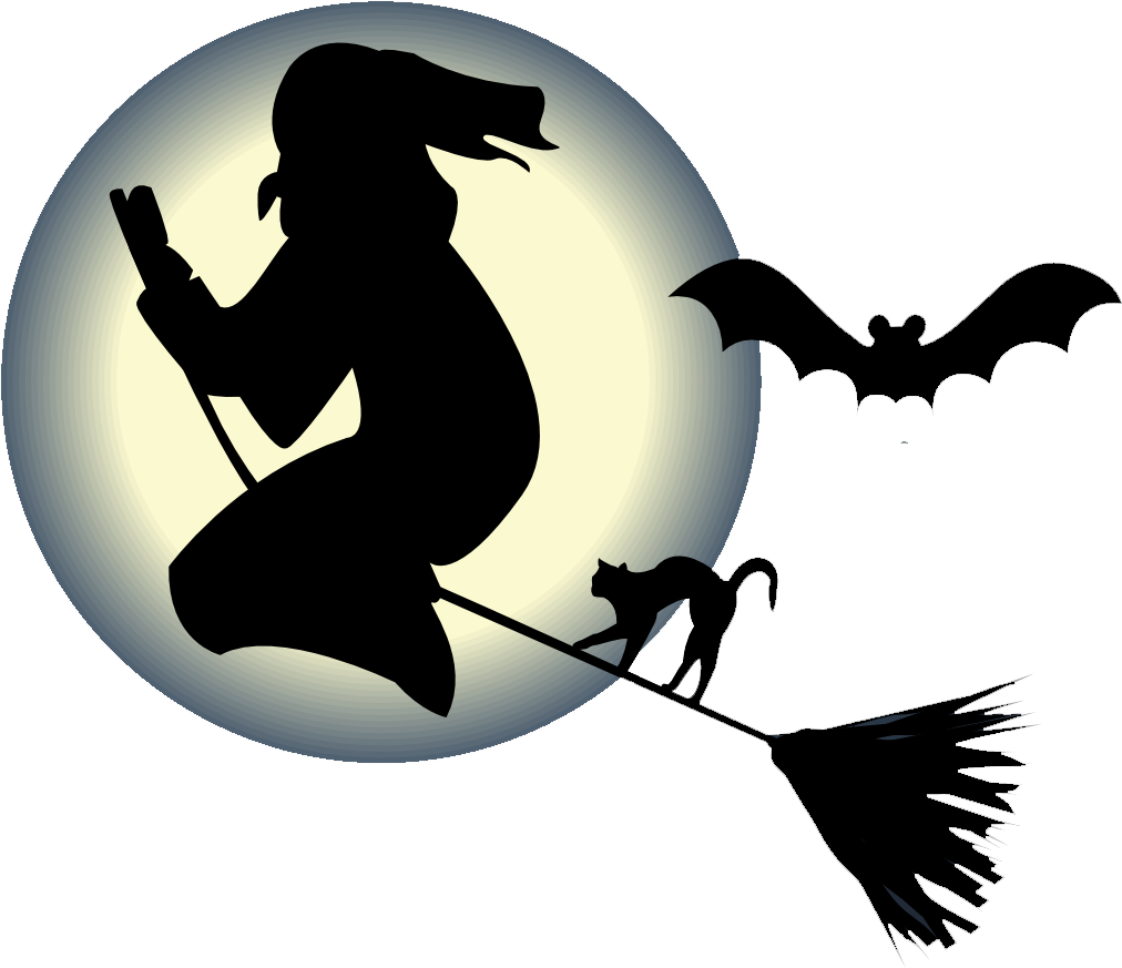 Halloween 桌布 壁紙 — 一個女巫剪影騎著掃帚帶著貓，在閃耀的滿月和蝙蝠的星空夜空中飛行。