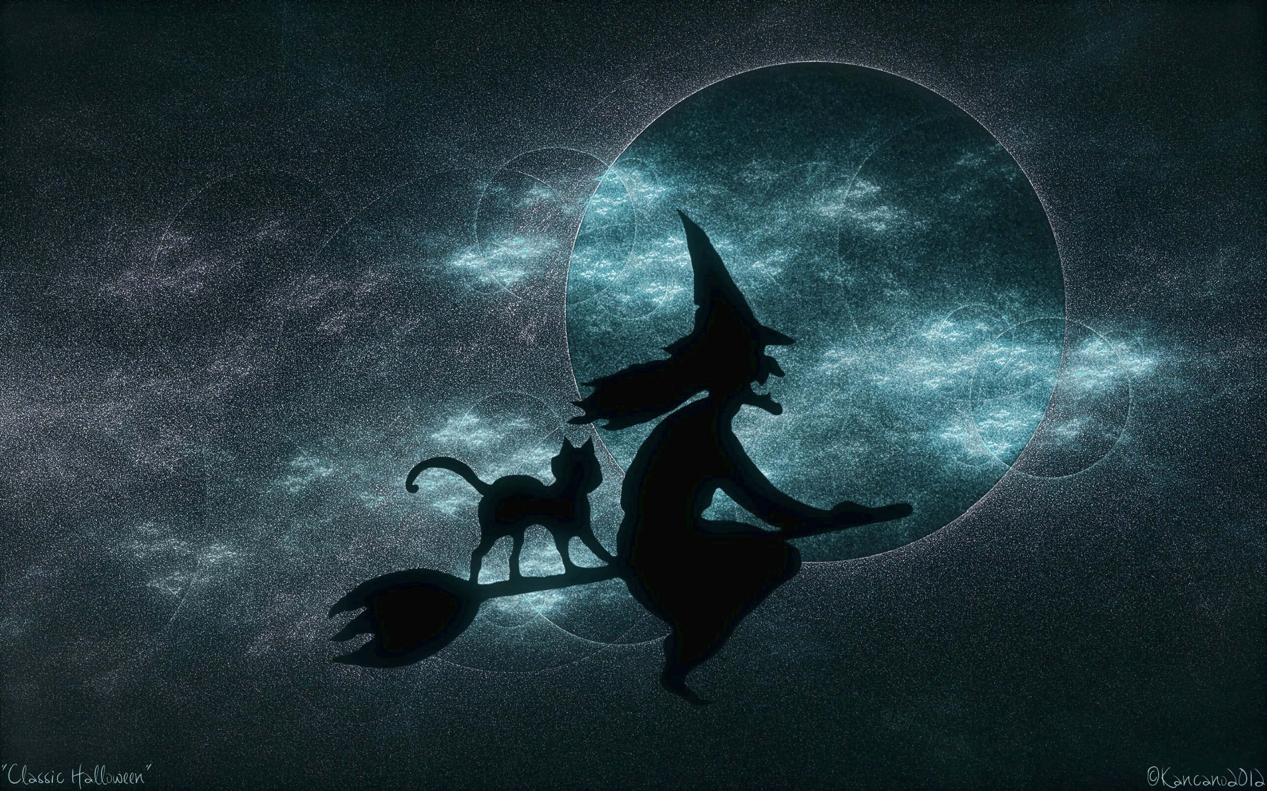 Spooky Halloween 桌布 壁紙 — 一個女巫和她的貓在黑暗神秘的天空中，騎著掃帚飛過發光的彎月。