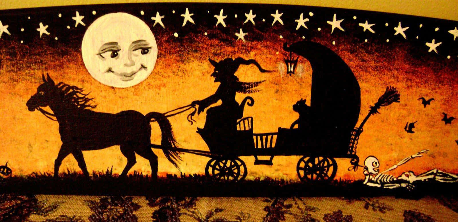 Spooky Art 桌布 壁紙 — 一個女巫在微笑的月亮和星星下騎著馬車，附近有一個骷髏在休息。