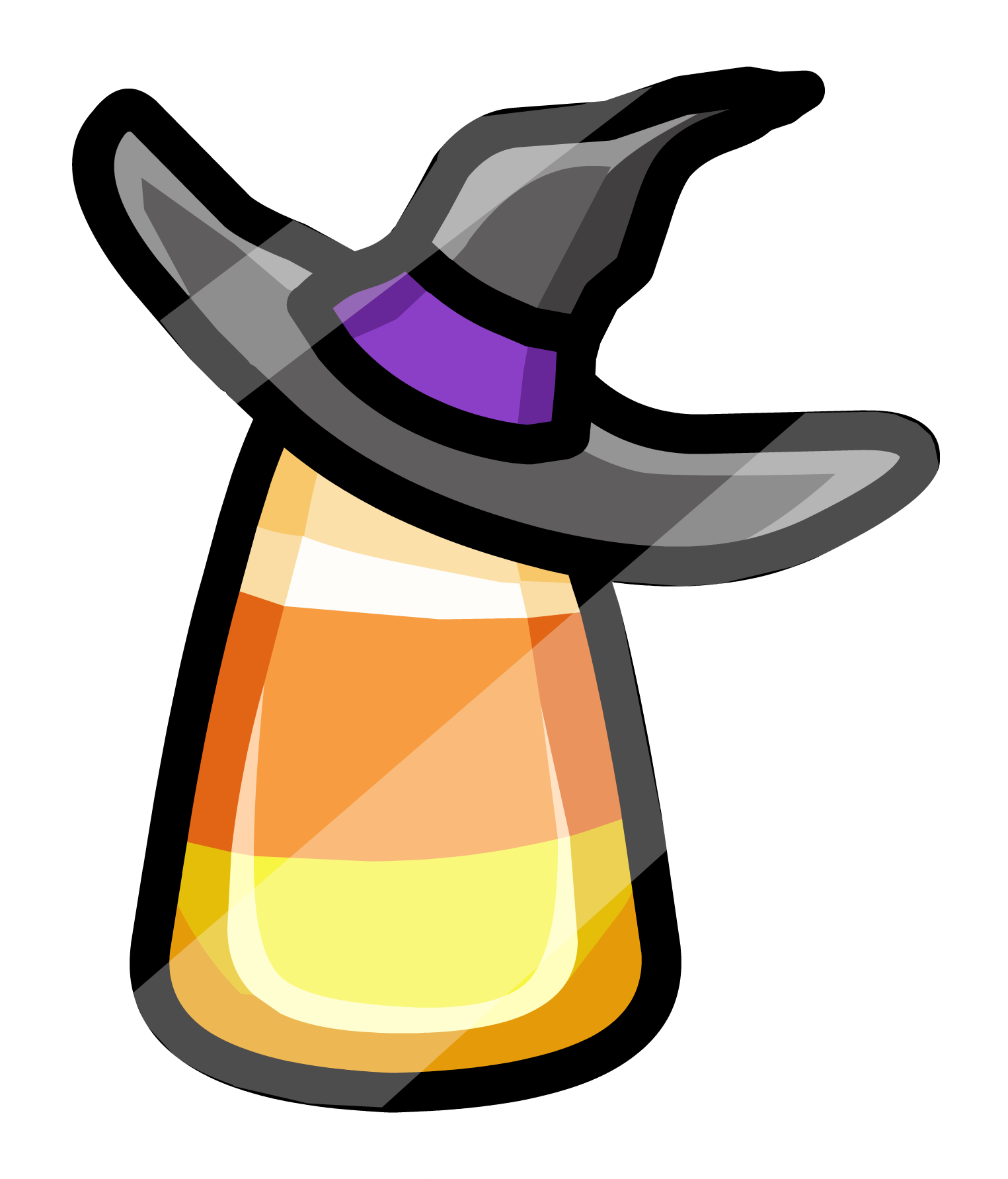 Witch Hat 桌布 壁紙 — 一個女巫帽形狀的糖果玉米，帶有紫色帶子和黑色帽沿，白色勾勒輪廓。