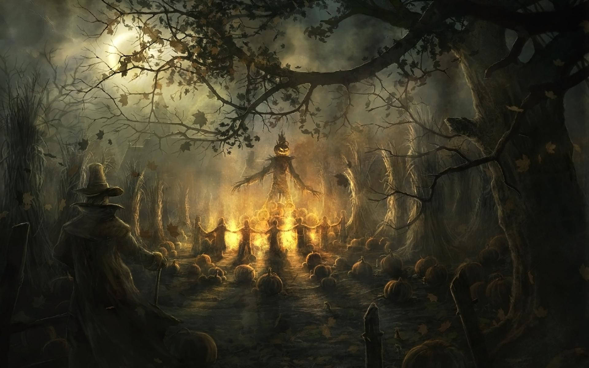 Halloween Phone 桌布 壁紙 — 一個女巫穿過迷霧的秋日森林，走向一個被南瓜包圍的發光南瓜稻草人。