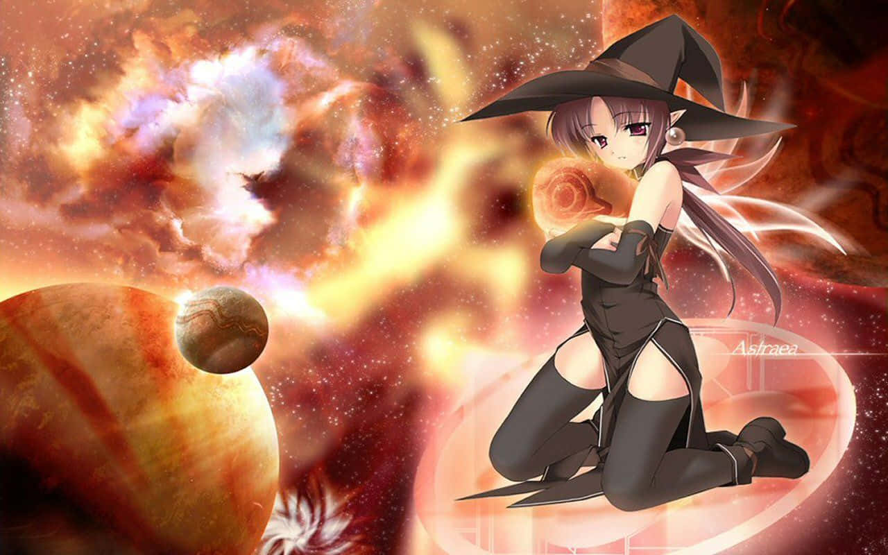 Anime Pc 桌布 壁紙 — 一個女巫跪在宇宙星雲中，手持一個發光的球體，周圍有行星和恆星旋轉。