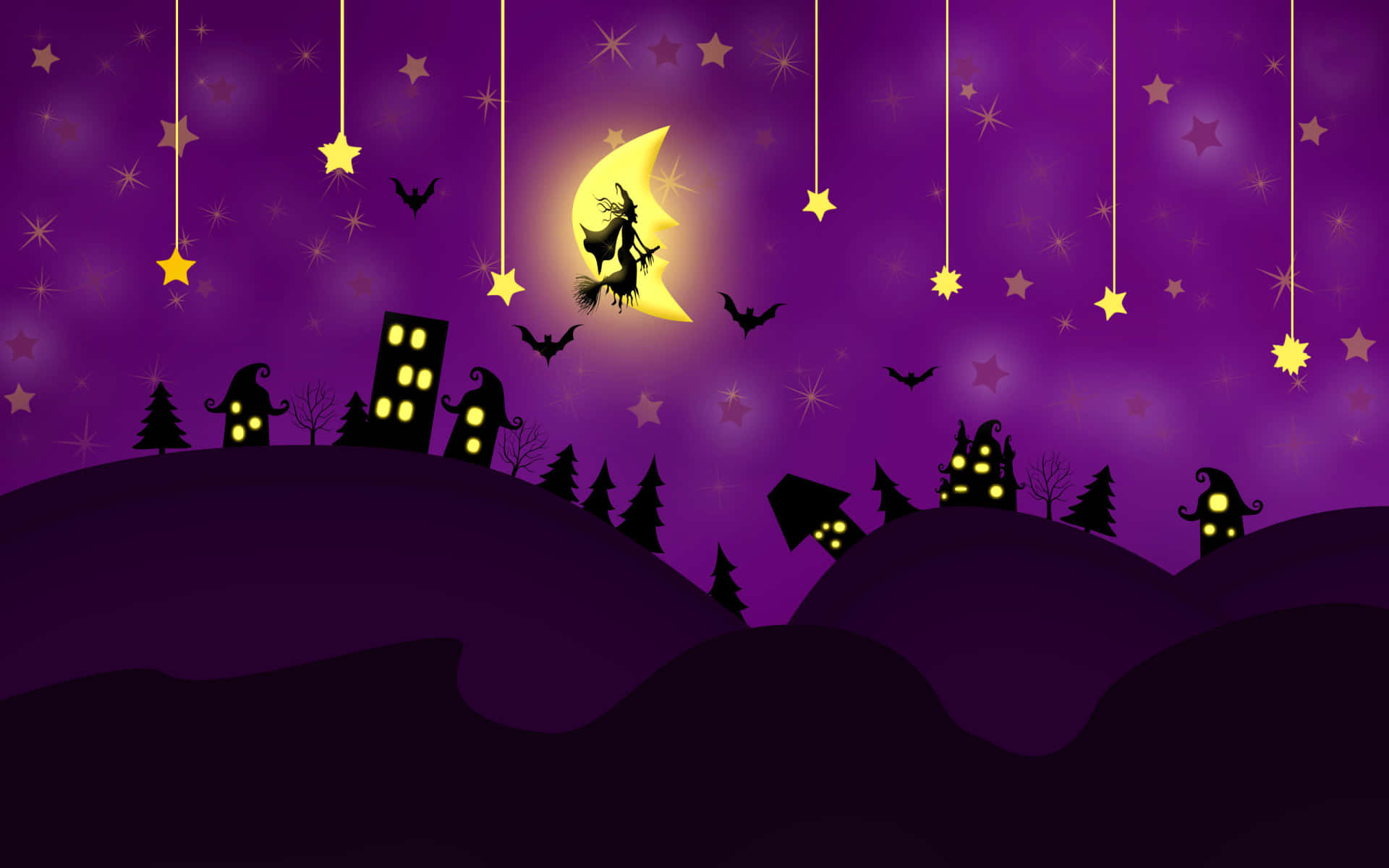 Spooky Halloween 桌布 壁紙 — 一個女巫騎著掃帚飛過新月，發光的星星懸掛在夜晚一個陰森村莊的上方。