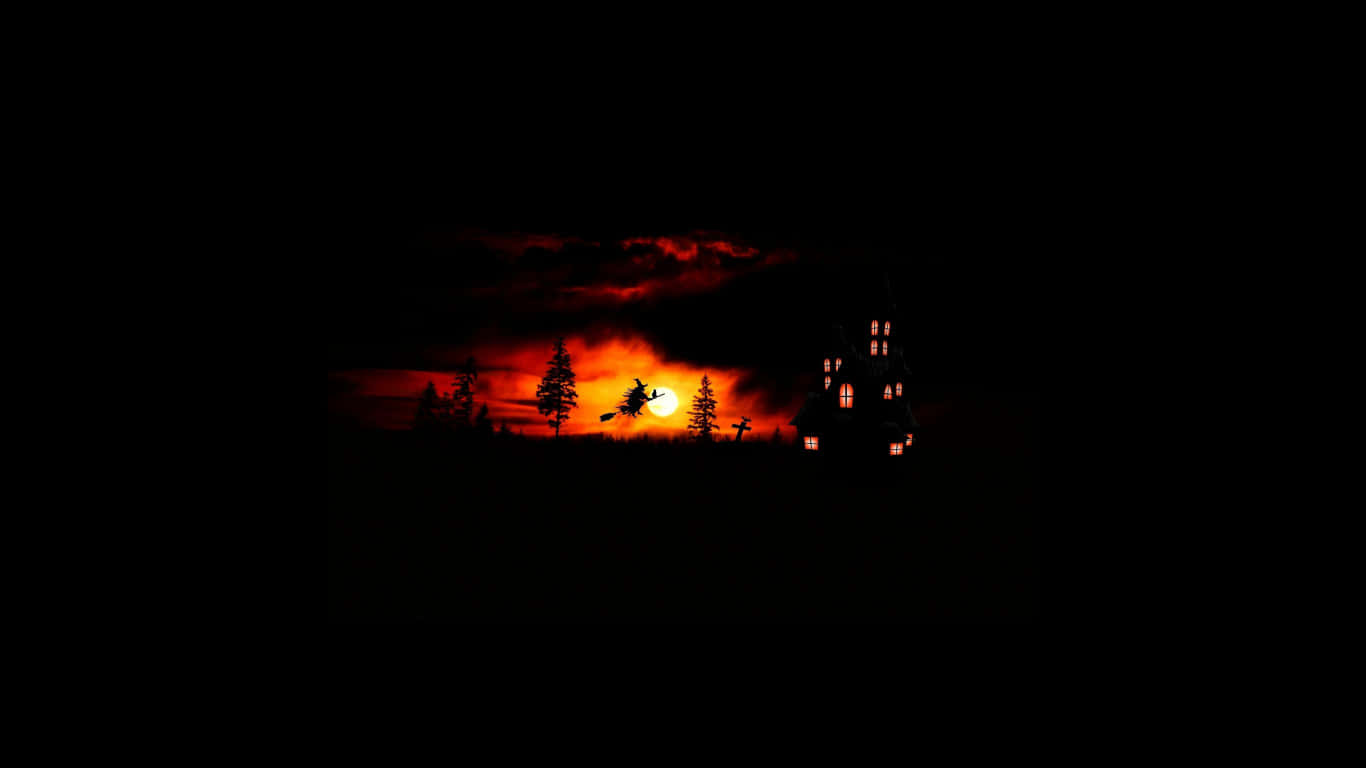 Minimalist Halloween 桌布 壁紙 — 一個女巫騎著掃帚飛過鬼城堡，背景是火紅橙色的日落天空。