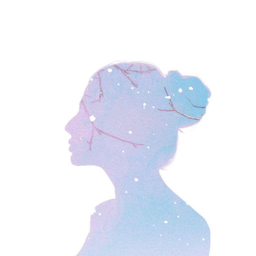 淡紫色 桌布 壁紙 — 一個女性側臉的寧靜剪影，充滿柔和的藍紫色調和精緻的樹枝，背景為白色。