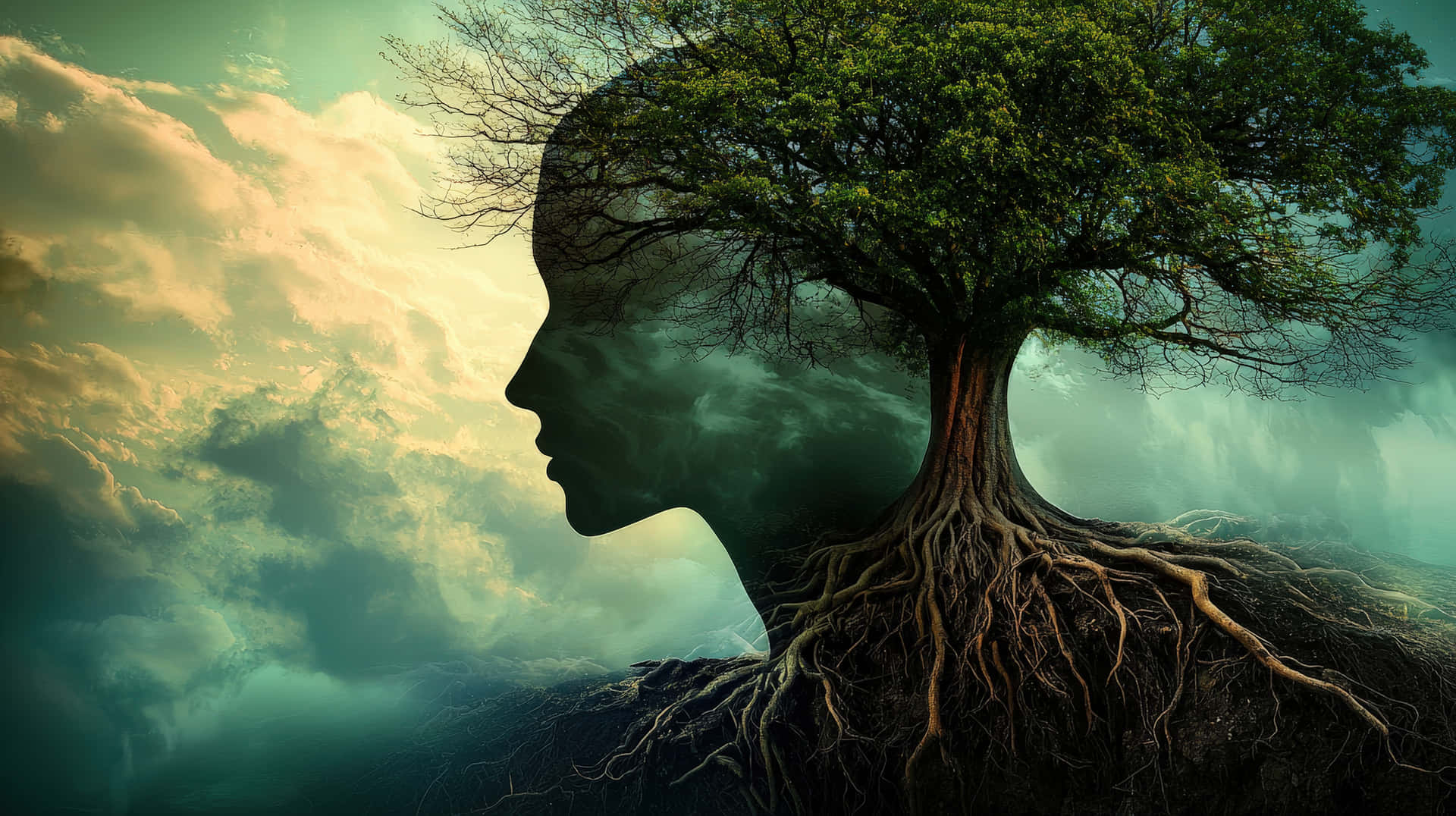 Surreal face merging with a tree and roots 壁紙 — 一個女性側面的寧靜剪影，頭上長著茂密的樹木，脖子延伸出根莖深入大地，背景是陰天。