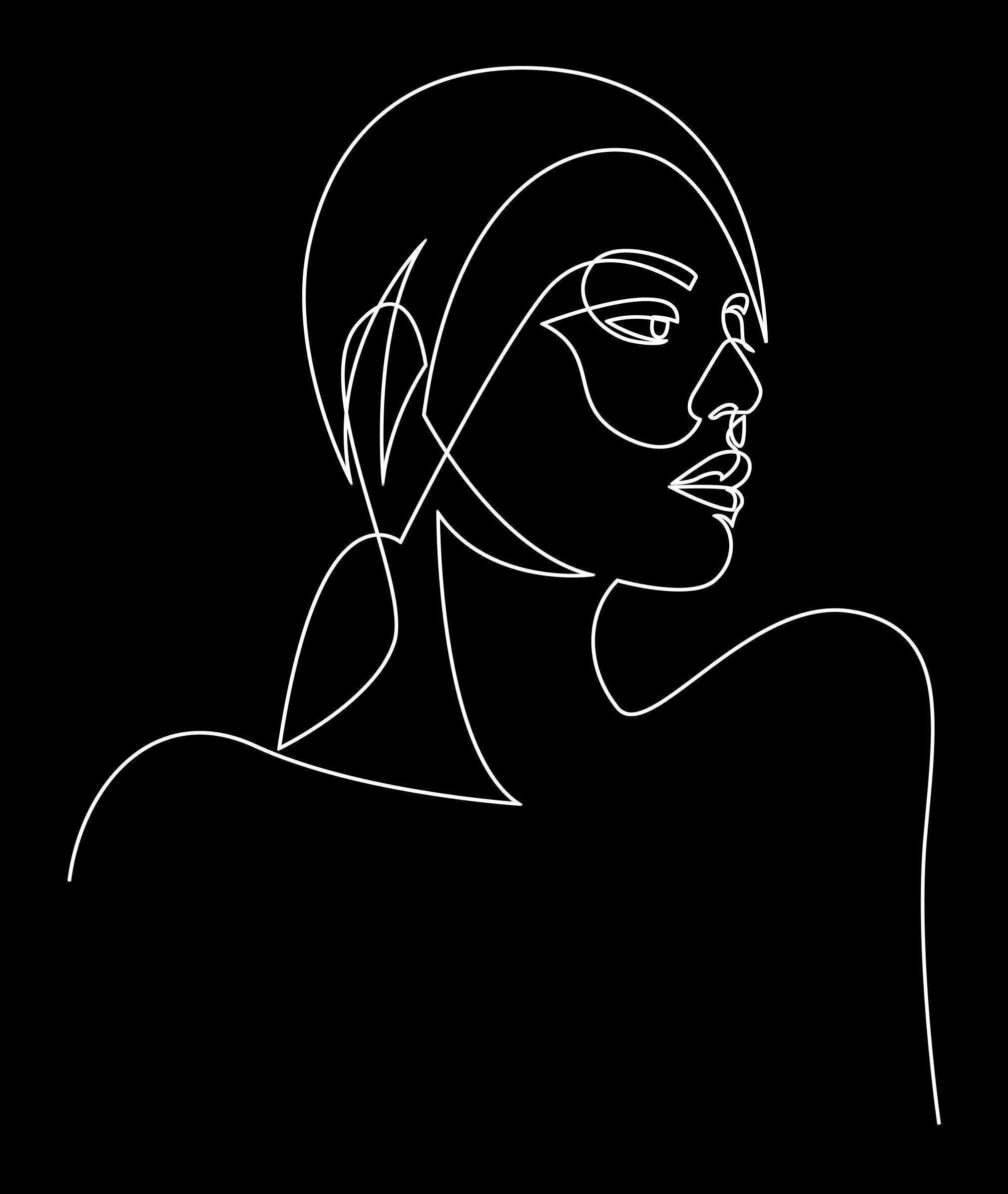One Line Drawing 桌布 壁紙 — 一個女性側面的極簡白色線條畫，背景為純黑色。