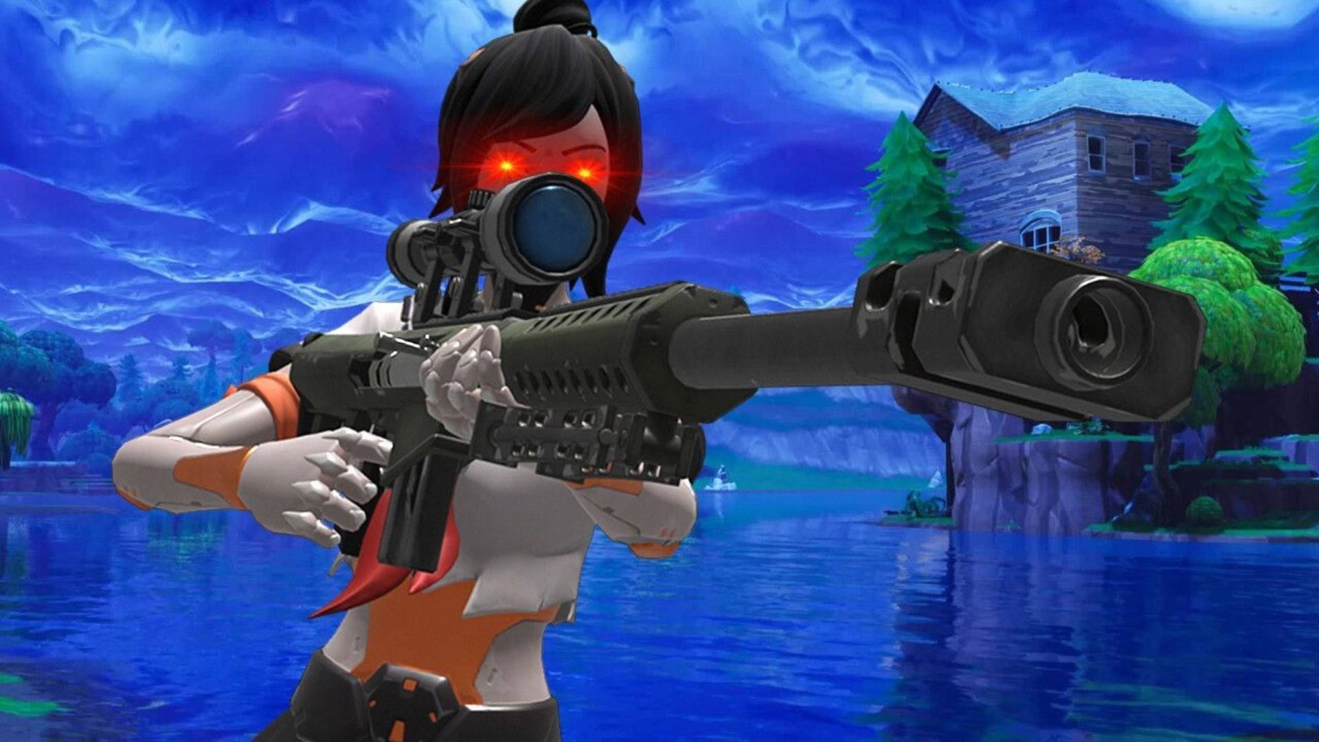 tsuki fortnite 桌布 壁紙 — 一個女性動漫角色，眼睛發出紅光，在暴風雨藍天下用狙擊步槍瞄準湖邊小屋。