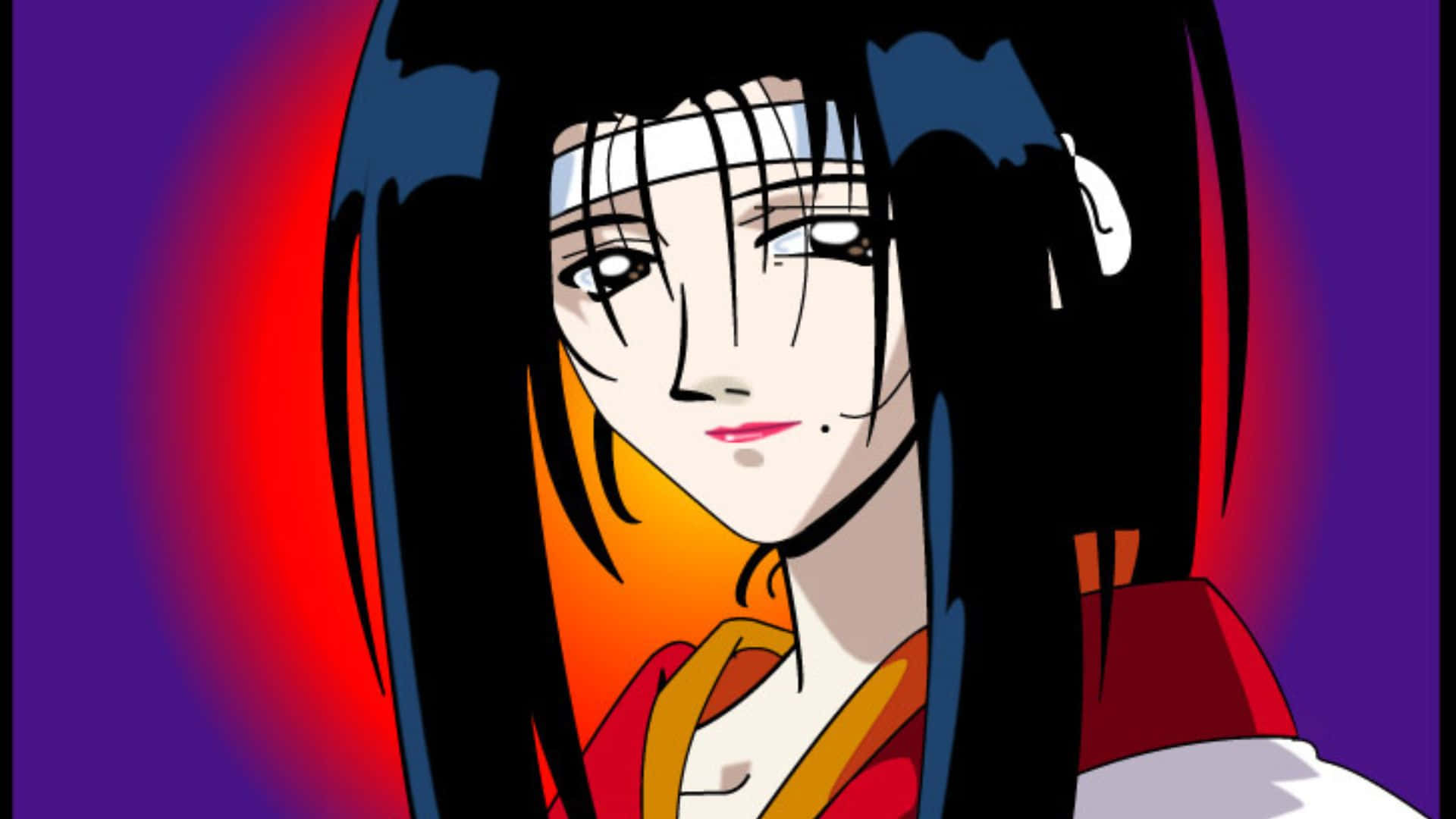 Twilight Suzuka 桌布 壁紙 — 一個女性特寫動畫肖像，長長的黑髮和紅色點綴，背景是充滿活力的紫色和紅色漸變背景。