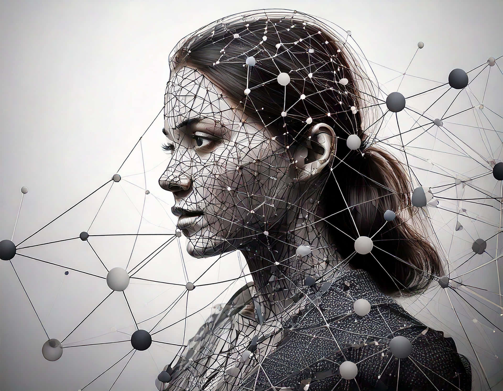 Human Shapes Network 壁紙 — 一個女性的側面輪廓，上面覆蓋著發光的點和線網絡，背景是柔和的灰色。