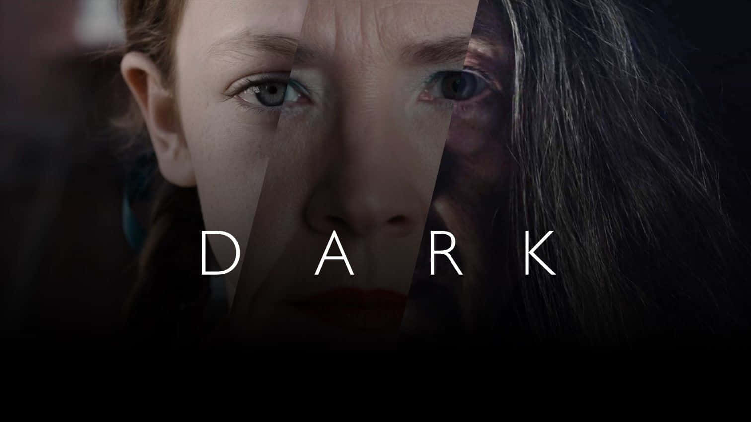 Tv Series 桌布 壁紙 — 一個女性臉部分割的肖像，擁有強烈的眼睛和紅唇，背景為深色，並有白色字母拼成的DARK字樣。