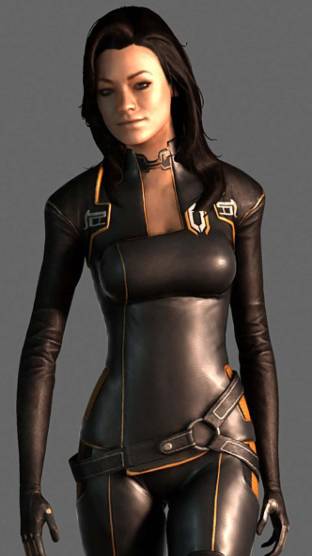 Miranda Lawson 桌布 壁紙 — 一個女性角色穿著時尚的黑色和橙色未來風格套裝，站在純灰色背景前。
