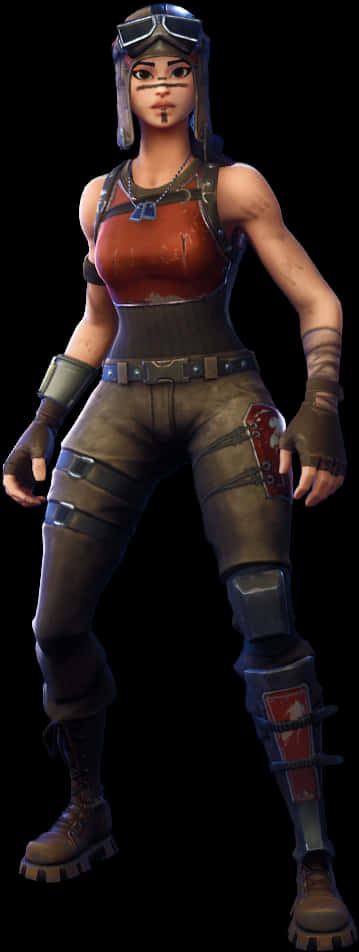 Fortnite Default Skin 桌布 壁紙 — 一個女性電子遊戲角色，身穿堅固的戰鬥裝備，配有護目鏡和紅色點綴，站在黑色背景前。