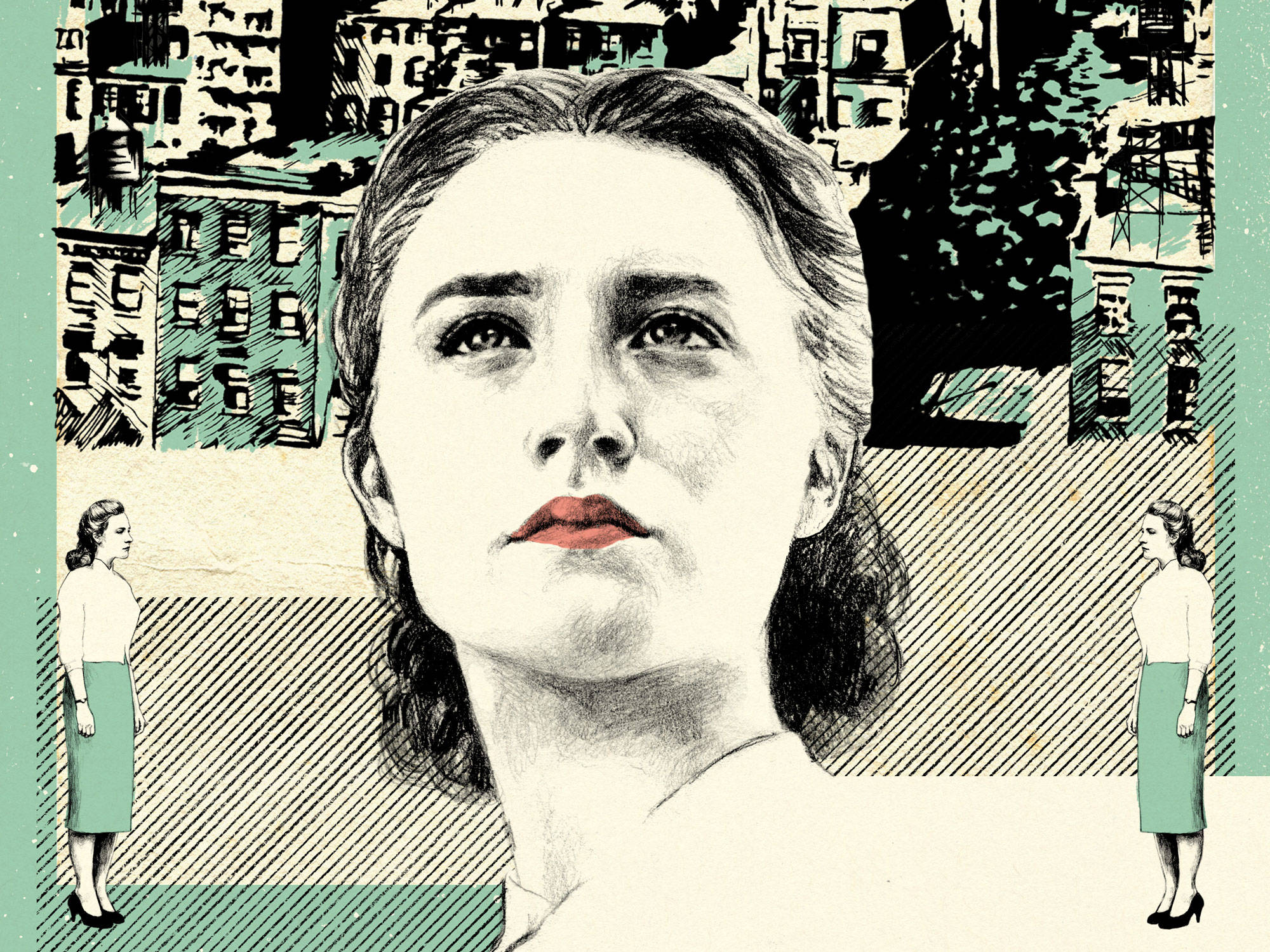 Saoirse Ronan 桌布 壁紙 — 一個女性面孔的風格化插圖，背景是城市景觀，有兩個穿著復古連衣裙的小人物站立著。