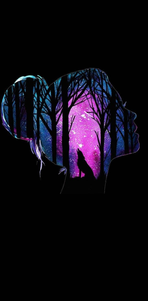 Silhouette 桌布 壁紙 — 一個女性頭部的剪影，內部充滿發光的紫色星系和光禿禿的樹木，還有一隻狼在裡面嚎叫。