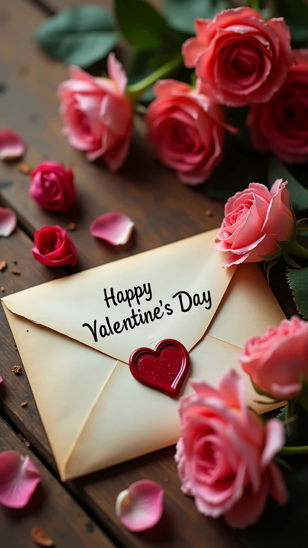 Valetine's day 壁紙 — 一個奶油色信封，用紅色心形蠟封封口，上面寫著 Happy Valentine's Day，放在一張深色木桌上，周圍環繞著粉紅玫瑰和散落的花瓣。