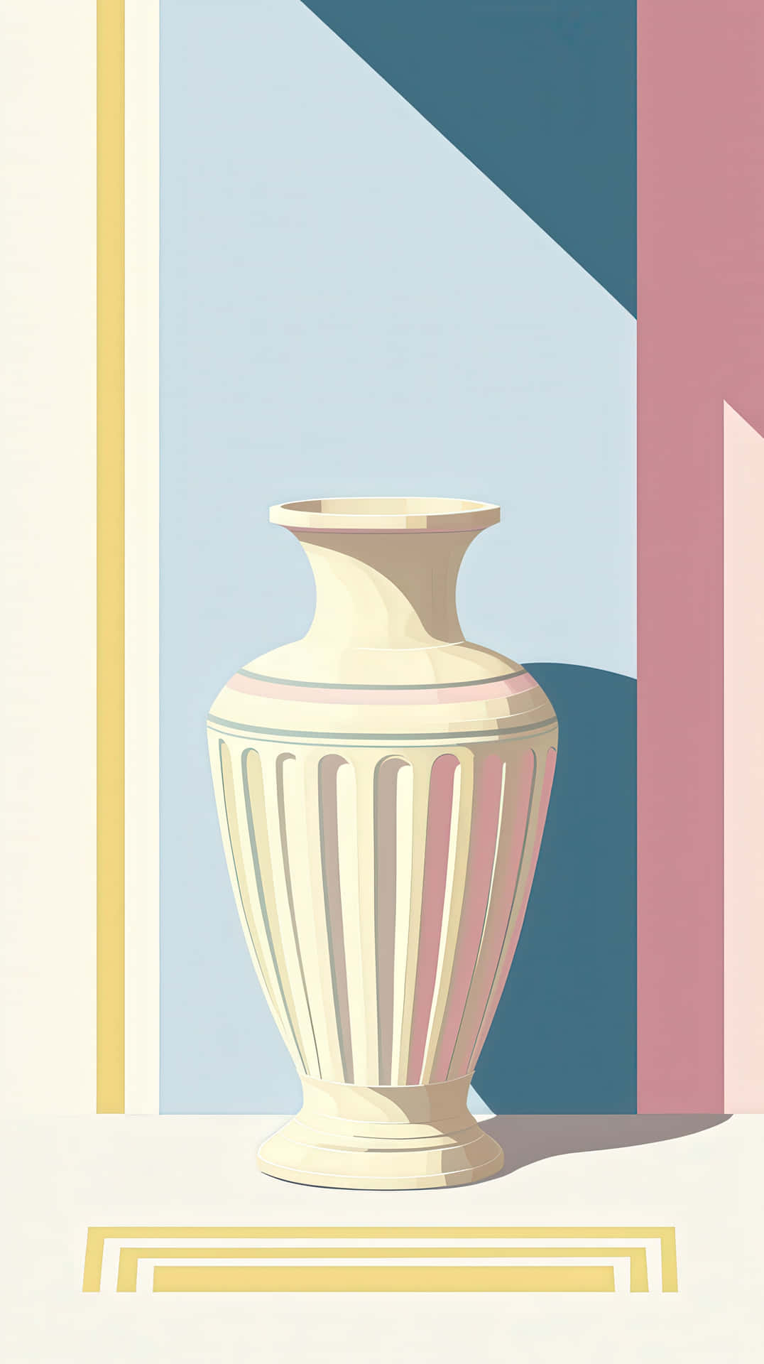 Minimalist ceramic vase wMinimalist ceramic vase with geometric pastel shth geometric pastel shadows 壁紙 — 一個奶油色帶凹槽的花瓶，上面有粉紅色條紋，放置在一個幾何分割的房間內，牆壁是粉藍、粉紅和黃色的柔和色調。