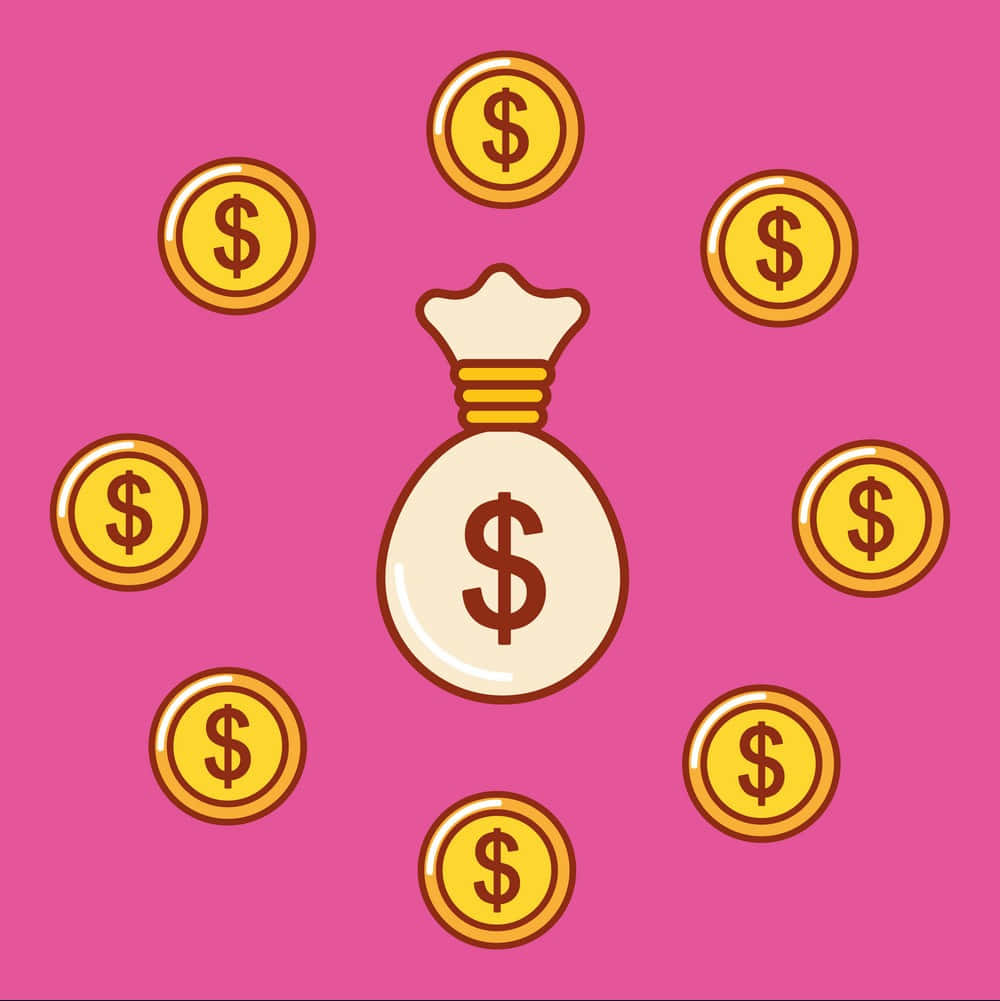 Pink Money 桌布 壁紙 — 一個奶油色的錢袋，上面有美元符號，周圍漂浮著金幣，背景是充滿活力的粉紅色。