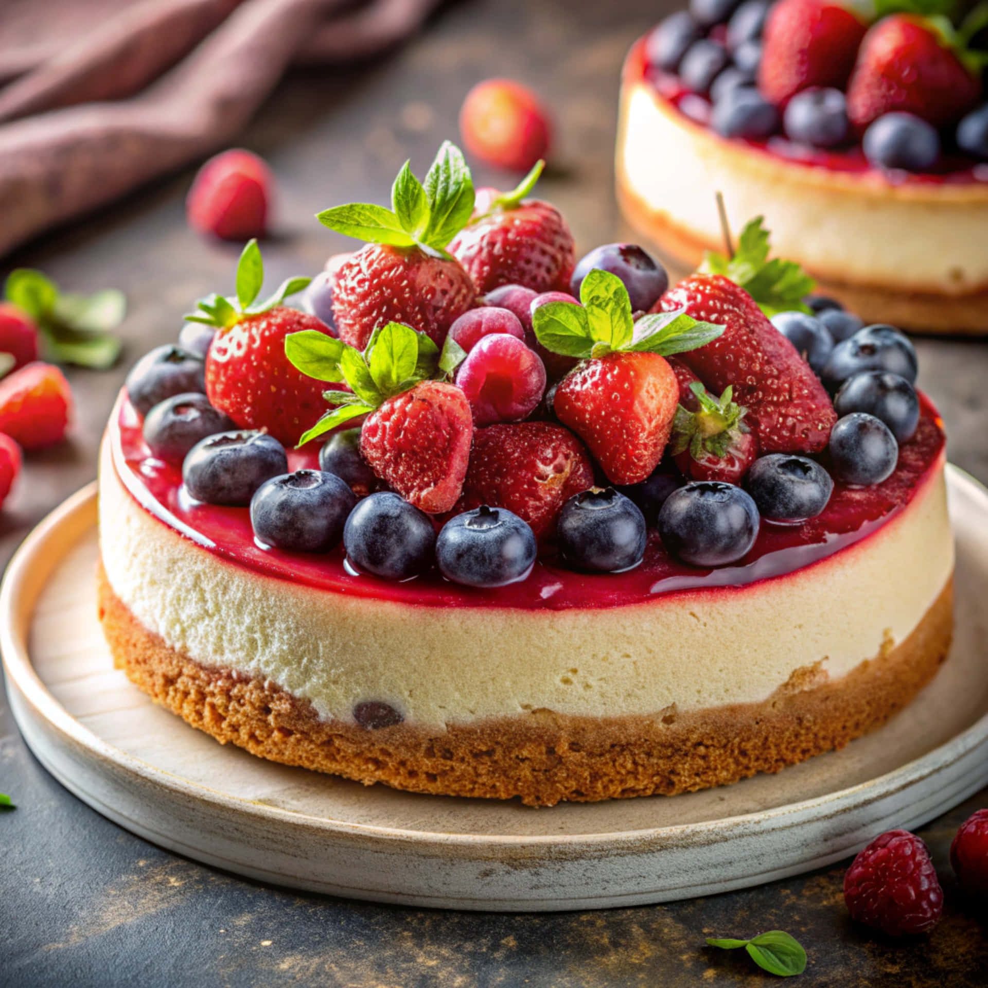 Cheesecake 壁紙 — 一個奶油起司蛋糕，上面鋪滿新鮮草莓、藍莓和薄荷葉，放在一個鄉村風格的盤子上，周圍散落著莓果。